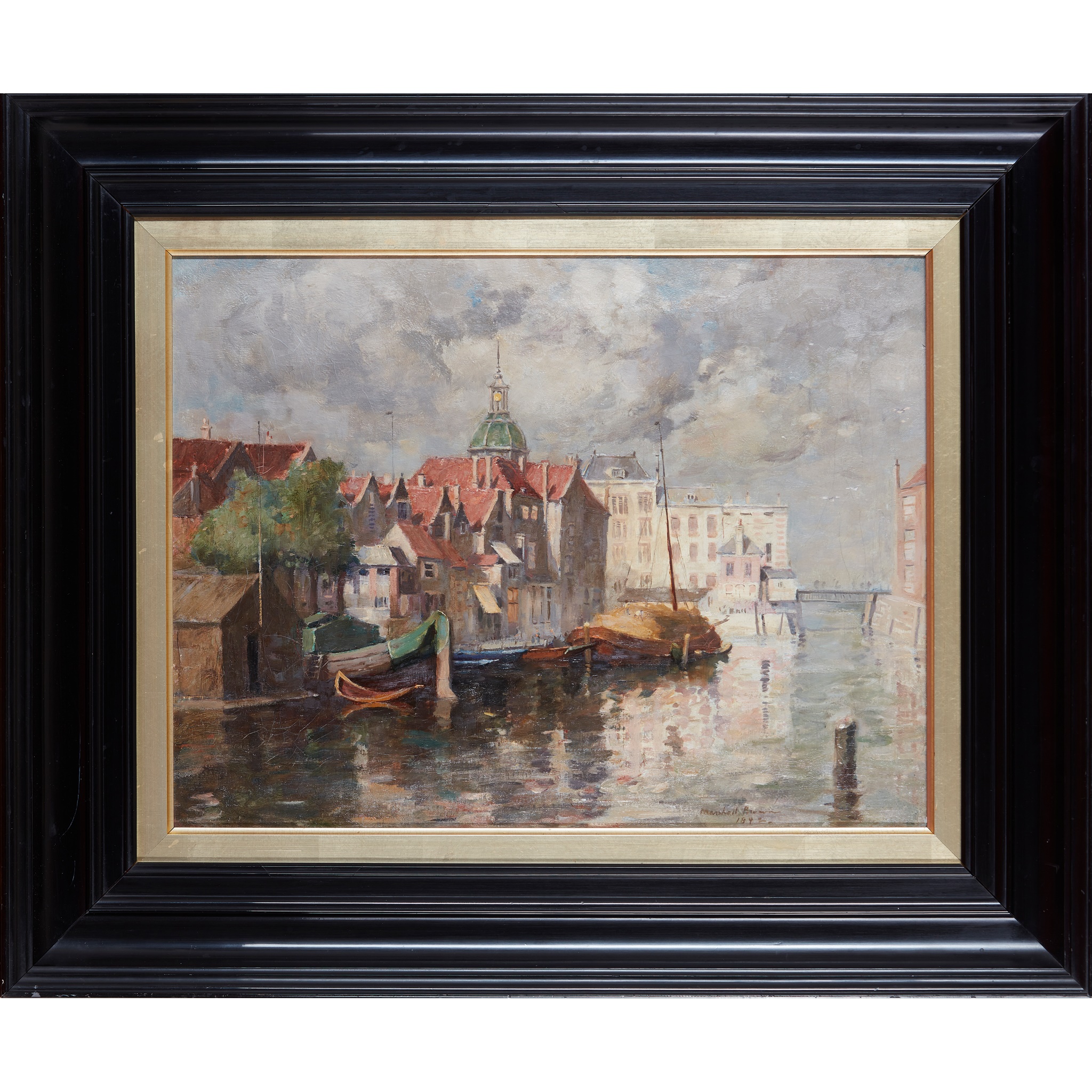 WILLIAM MARSHALL BROWN R.S.A., R.S.W (SCOTTISH 1863-1936) BARGES IN A RIVERSIDE TOWN - Image 2 of 3