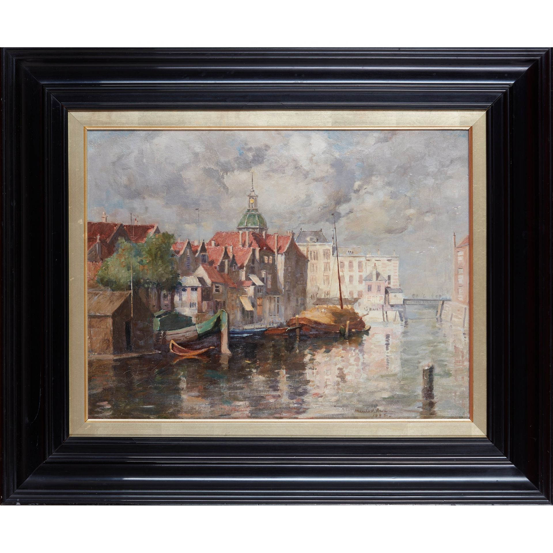 WILLIAM MARSHALL BROWN R.S.A., R.S.W (SCOTTISH 1863-1936) BARGES IN A RIVERSIDE TOWN - Image 2 of 3