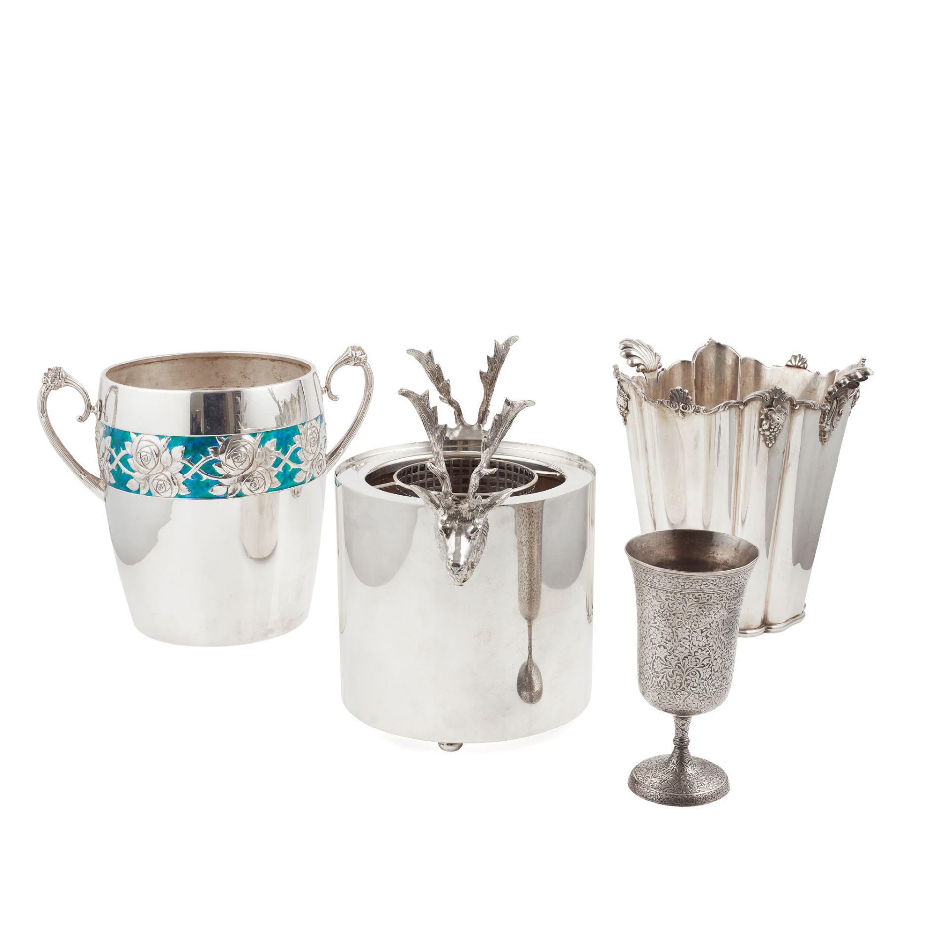 A twin handled silver plated and enamel ice bucket
