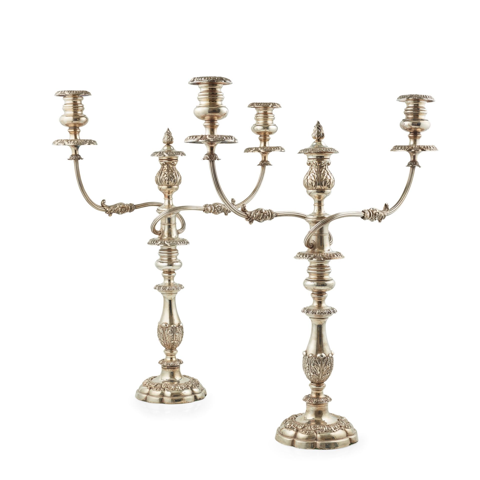 A pair of silver plated three light table candleabra