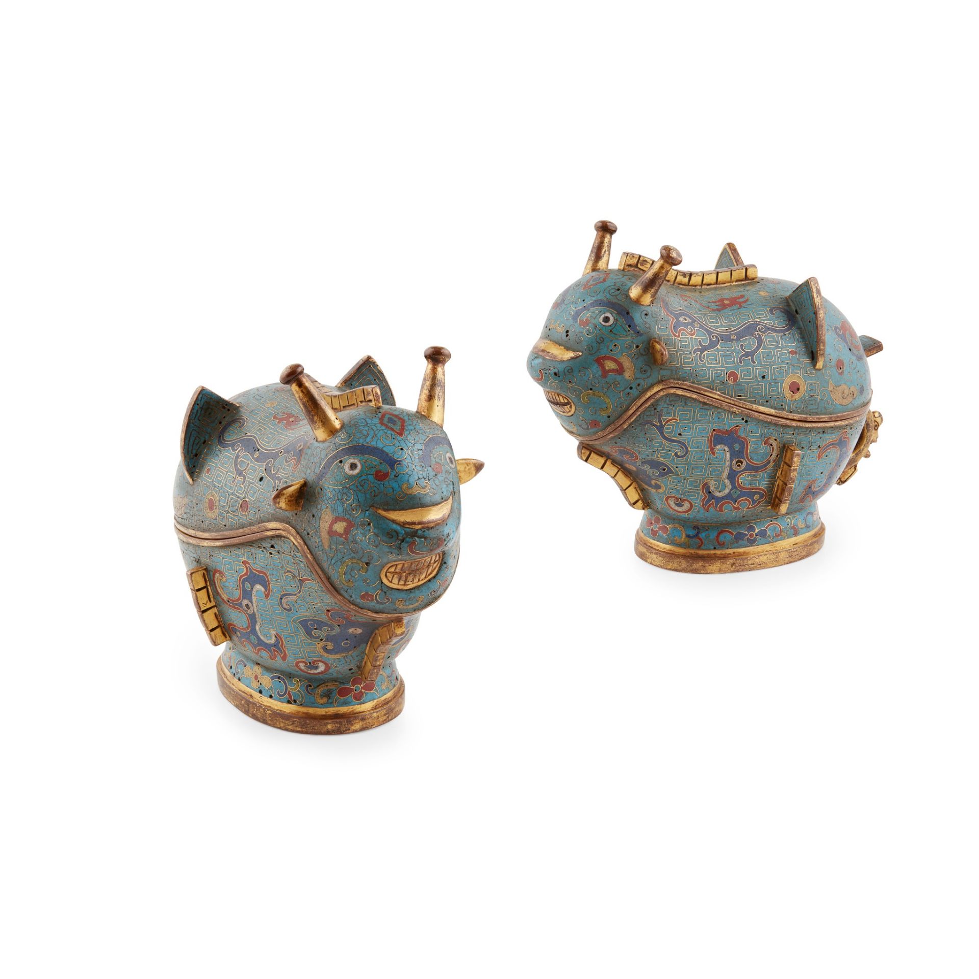 PAIR OF CLOISONNÉ ENAMEL WINE VESSELS AND COVERS, GONG QIANLONG MARK BUT 19TH CENTURY