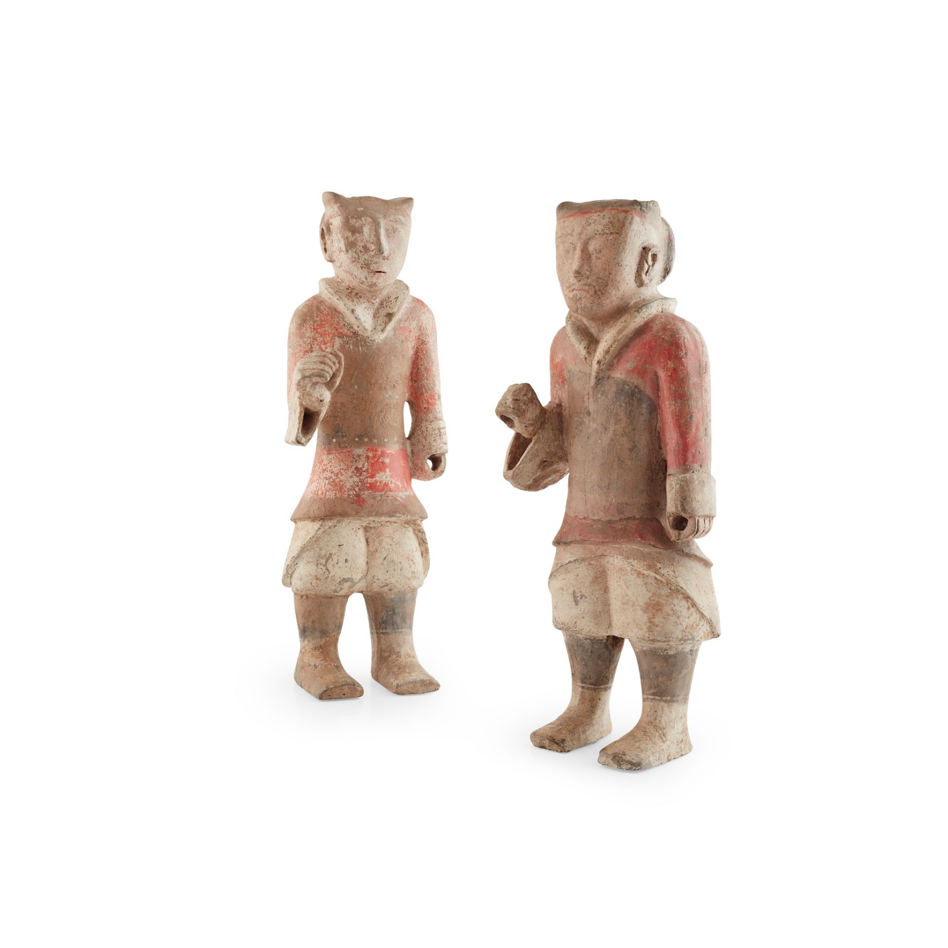 NEAR PAIR OF PAINTED POTTERY FIGURES HAN DYNASTY OR LATER
