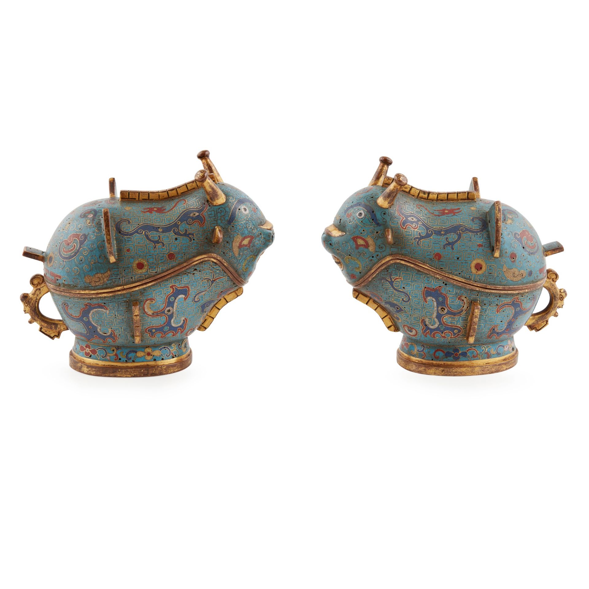 PAIR OF CLOISONNÉ ENAMEL WINE VESSELS AND COVERS, GONG QIANLONG MARK BUT 19TH CENTURY - Image 2 of 3