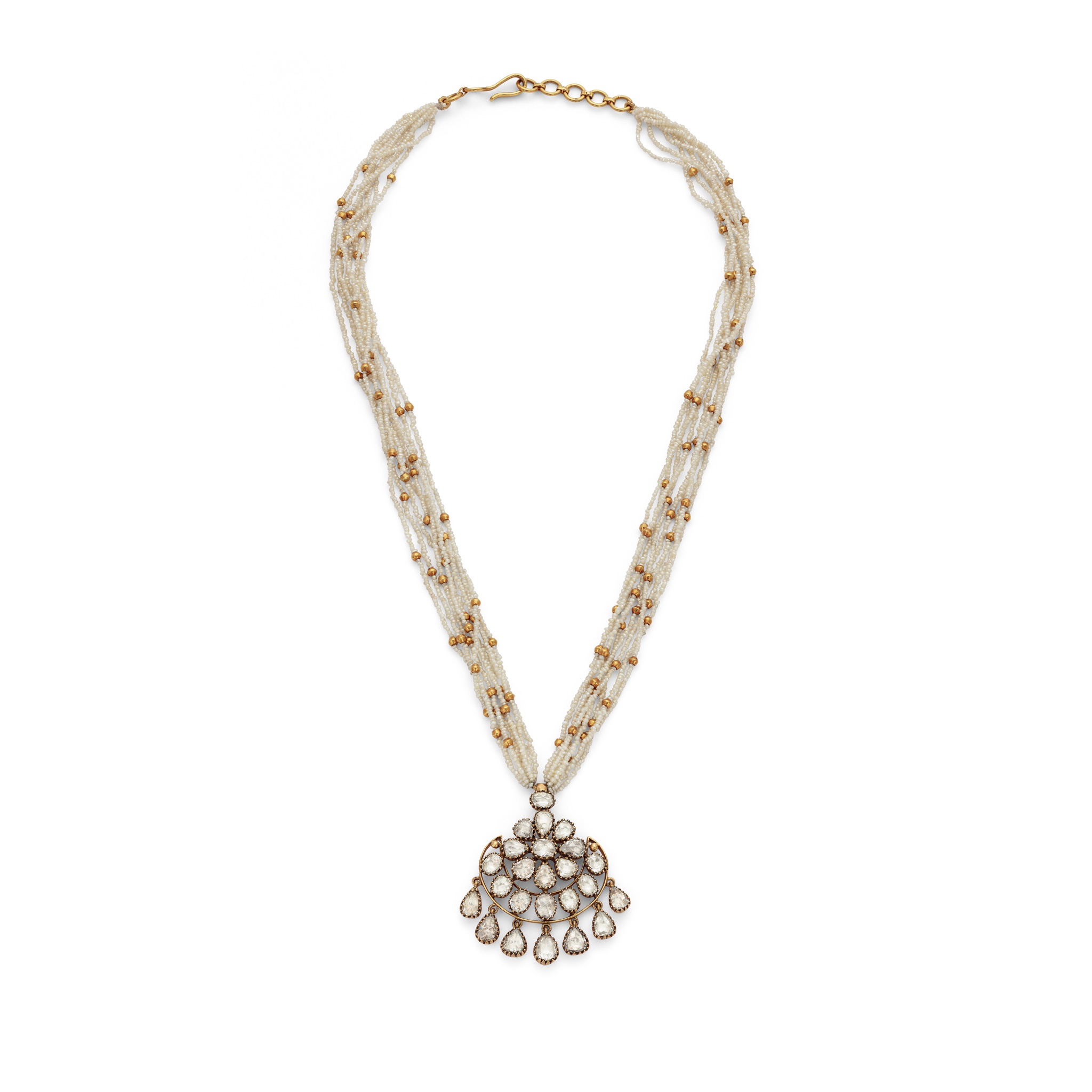 An Indian diamond and seed pearl pendant necklace The pendant designed as a flowerhead with a half-