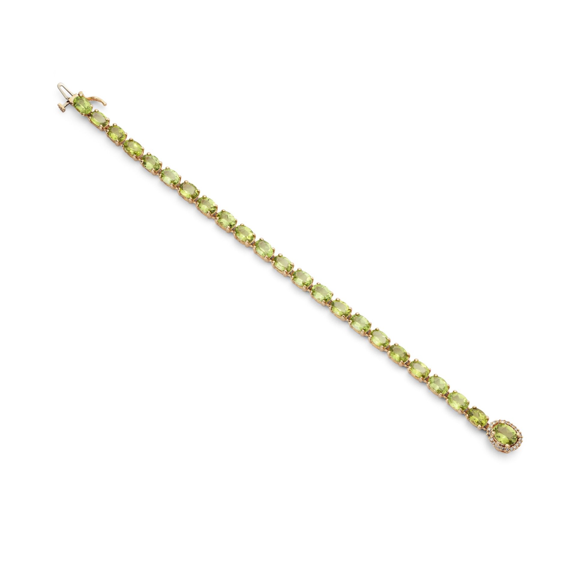 A peridot and diamond bracelet Composed of a continuous row of oval-cut peridot, to a similarly-