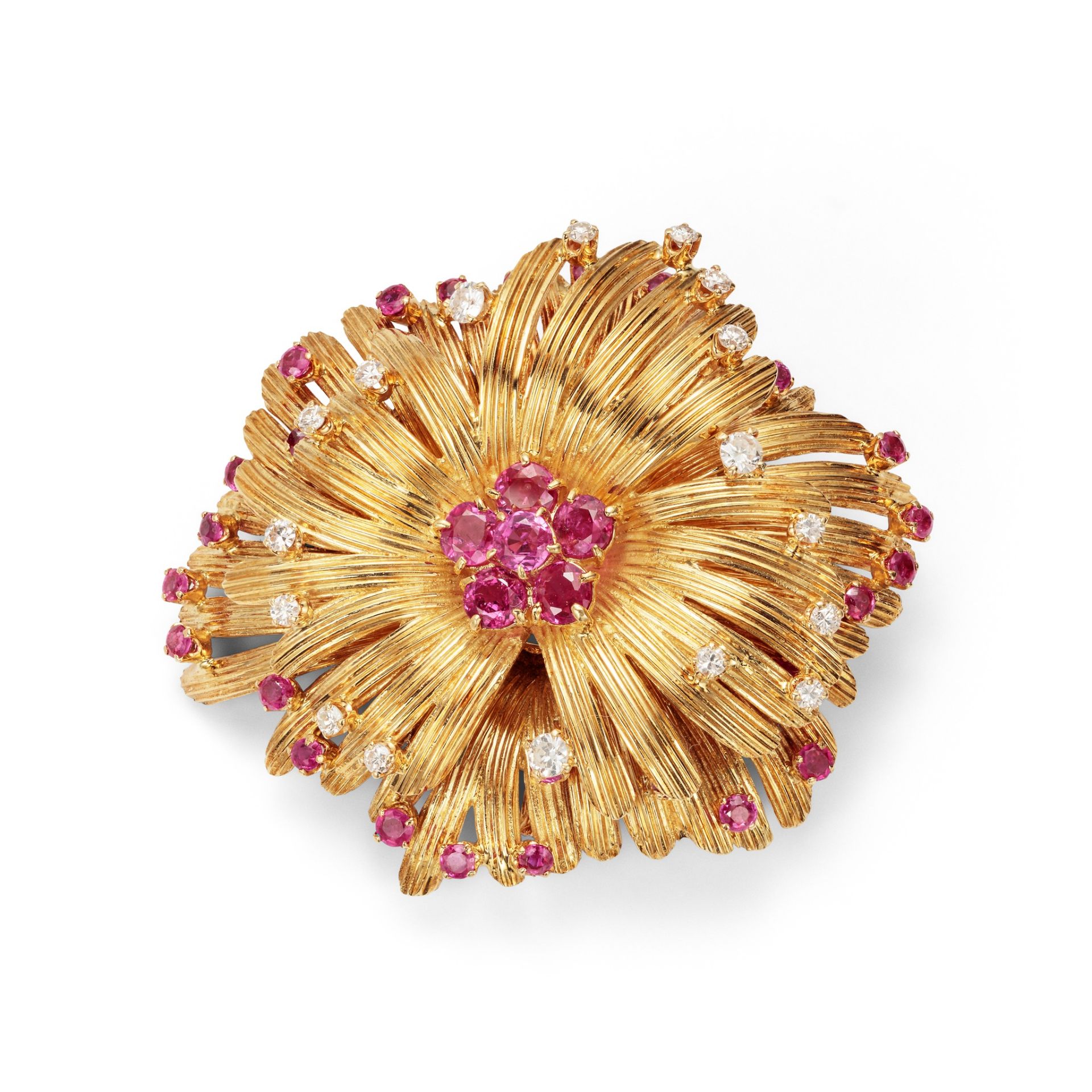 A ruby and diamond-set flower brooch / pendant The central circular-cut ruby cluster, within an