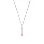 A pink sapphire and diamond pendant The pear-shaped pink sapphire suspended from a line of eight