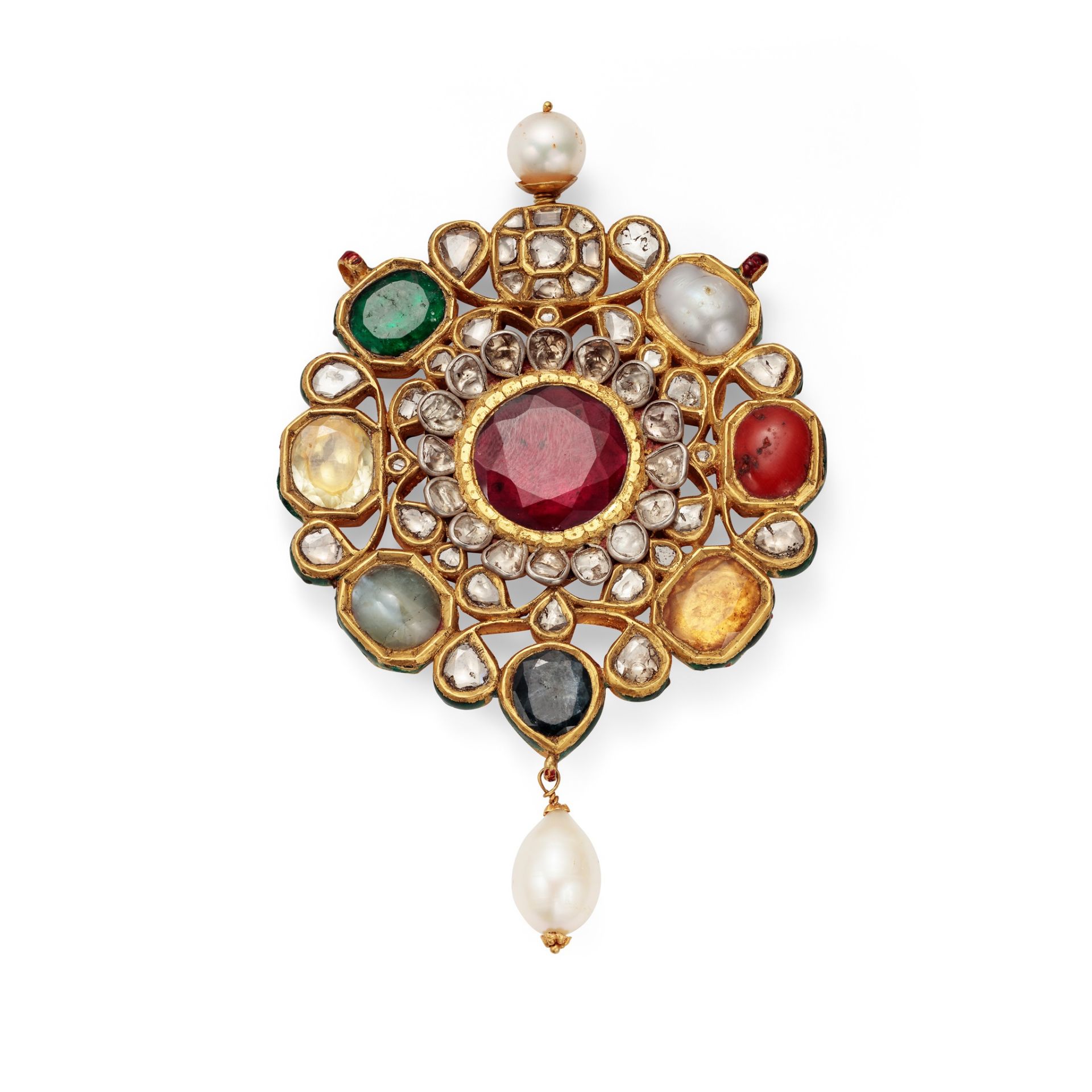 An Indian gem-set Navaratna pendant Designed as an octagonal openwork cluster, set with various