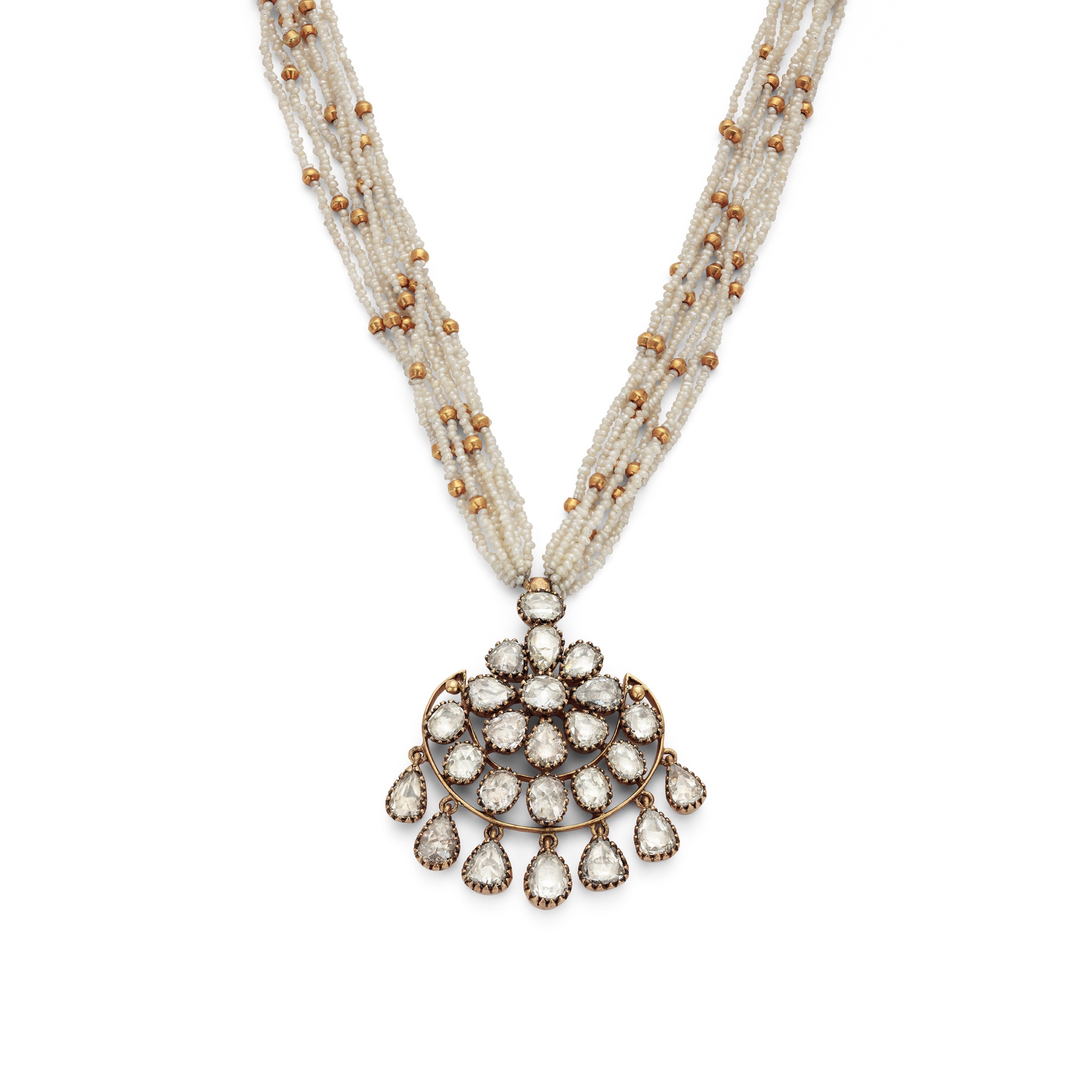 An Indian diamond and seed pearl pendant necklace The pendant designed as a flowerhead with a half- - Image 2 of 2