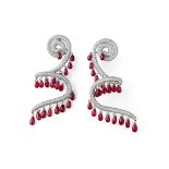 A pair of ruby and diamond pendent earrings Each designed as a pavé-set brilliant-cut diamond