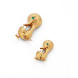 A pair of gem-set duck brooches, by O. J. Perrin Each modelled as a duck, of polished and textured