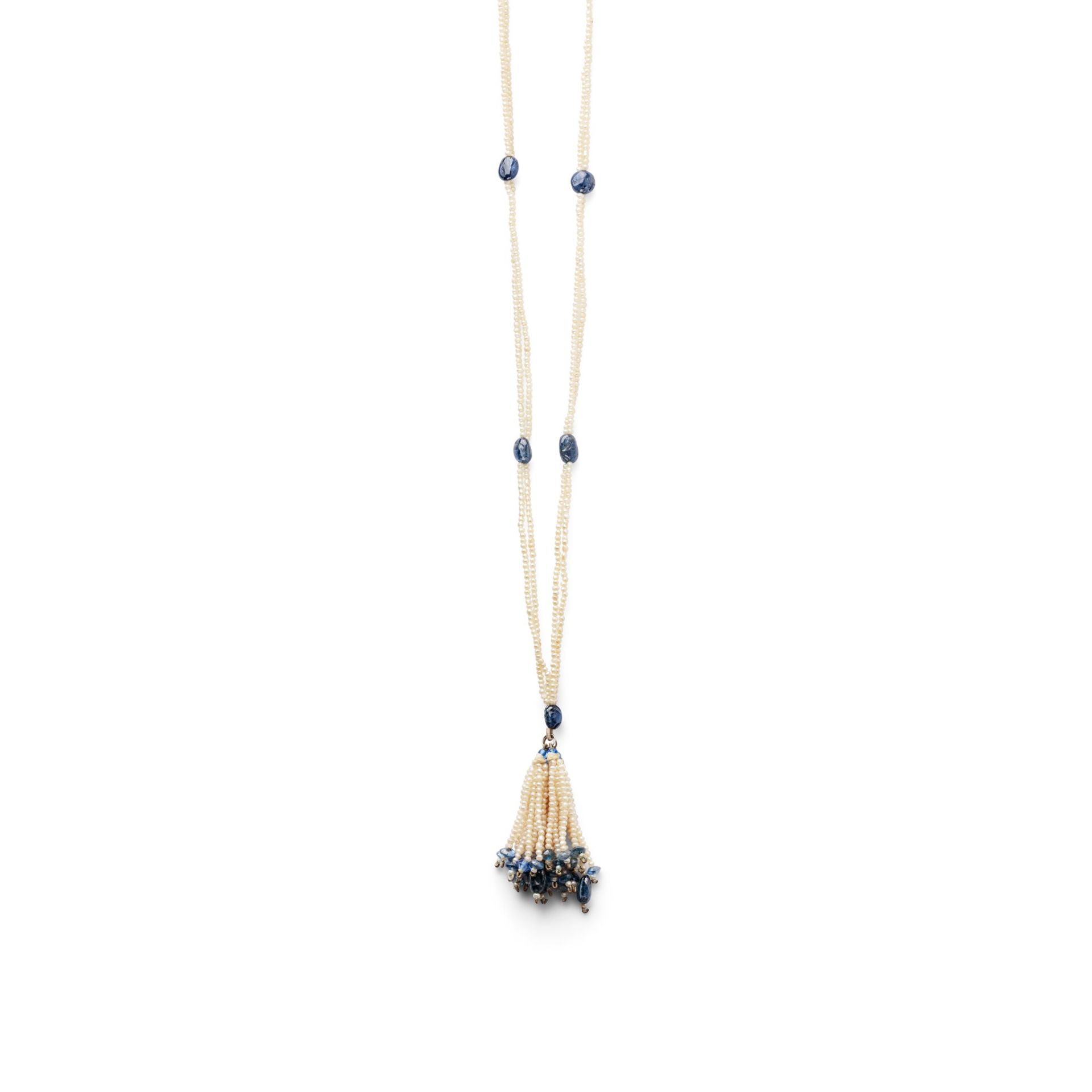 A seed pearl and sapphire bead sautoir Composed of two rows of seed pearls interspersed with