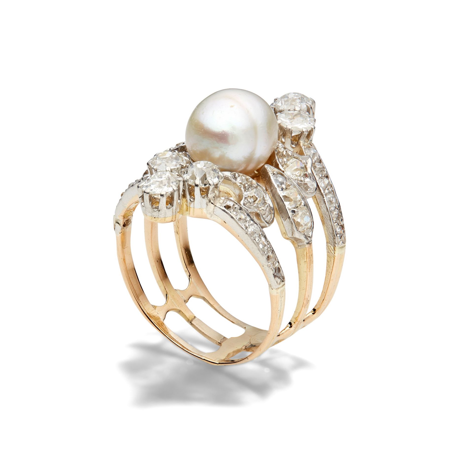 An early 20th century natural pearl and diamond ring The 8.73 x 7.87mm natural pearl mounted on a - Image 2 of 6