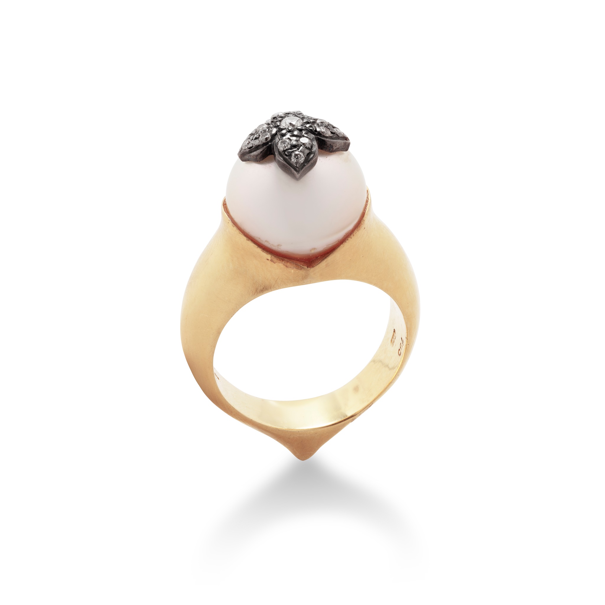 A cultured pearl and diamond ring The 12.43mm cultured pearl mounted with a brilliant-cut diamond-