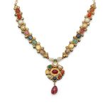 An Indian Navaratna pendant necklace The pendant set with nine cabochon, flat and rose-cut gems in