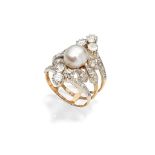 An early 20th century natural pearl and diamond ring The 8.73 x 7.87mm natural pearl mounted on a