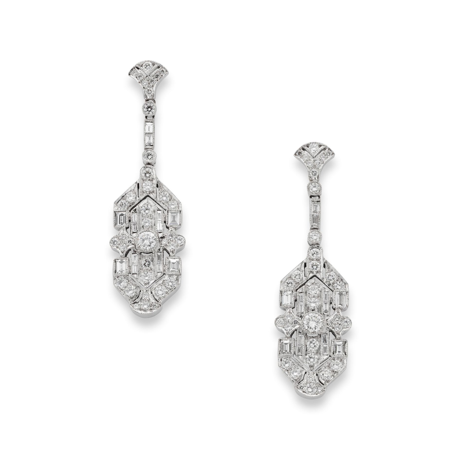 A pair of diamond pendent earrings Each suspending a pierced plaque of geometric design, set