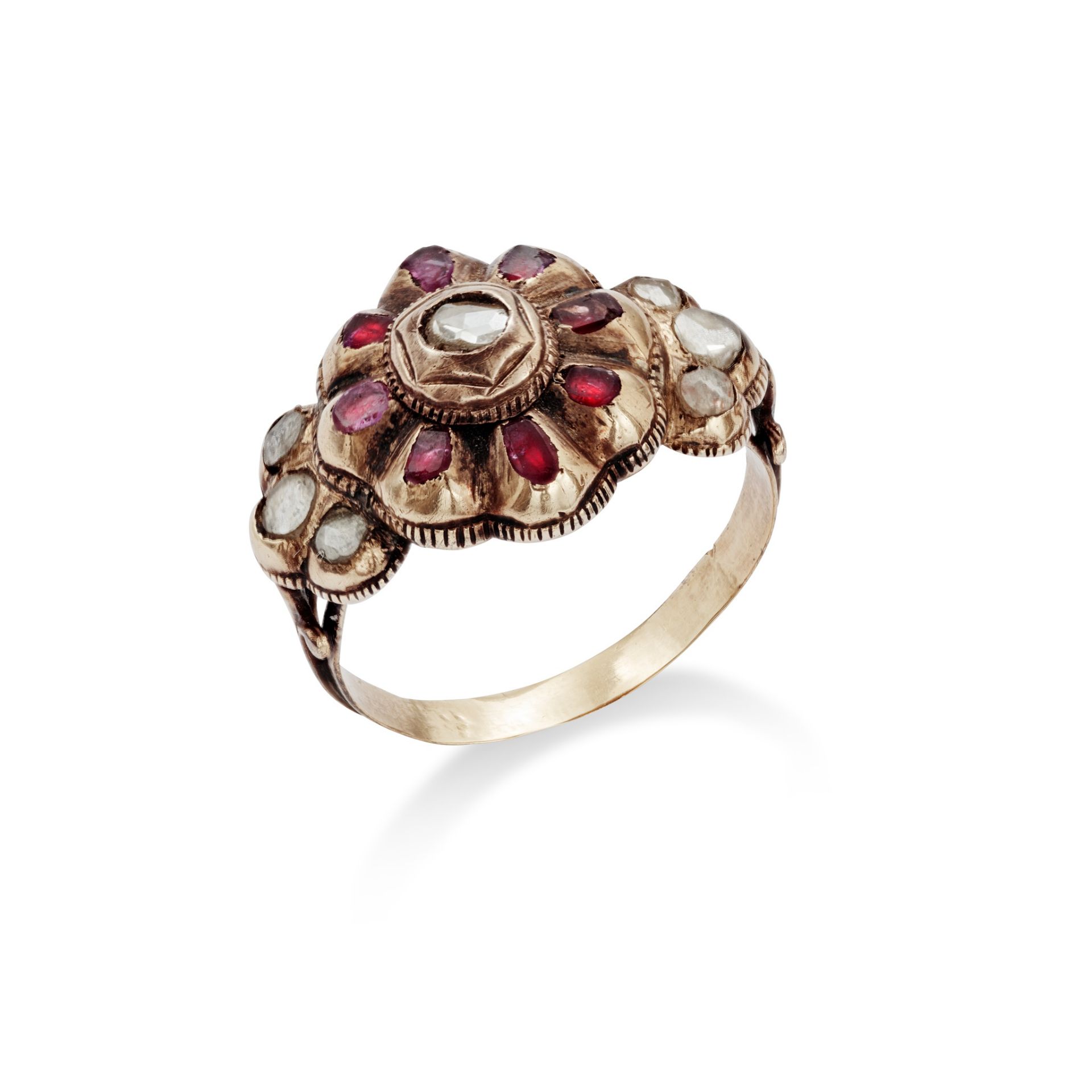 An 18th century diamond and gem-set ring Designed as a flowerhead cluster set with a rose-cut