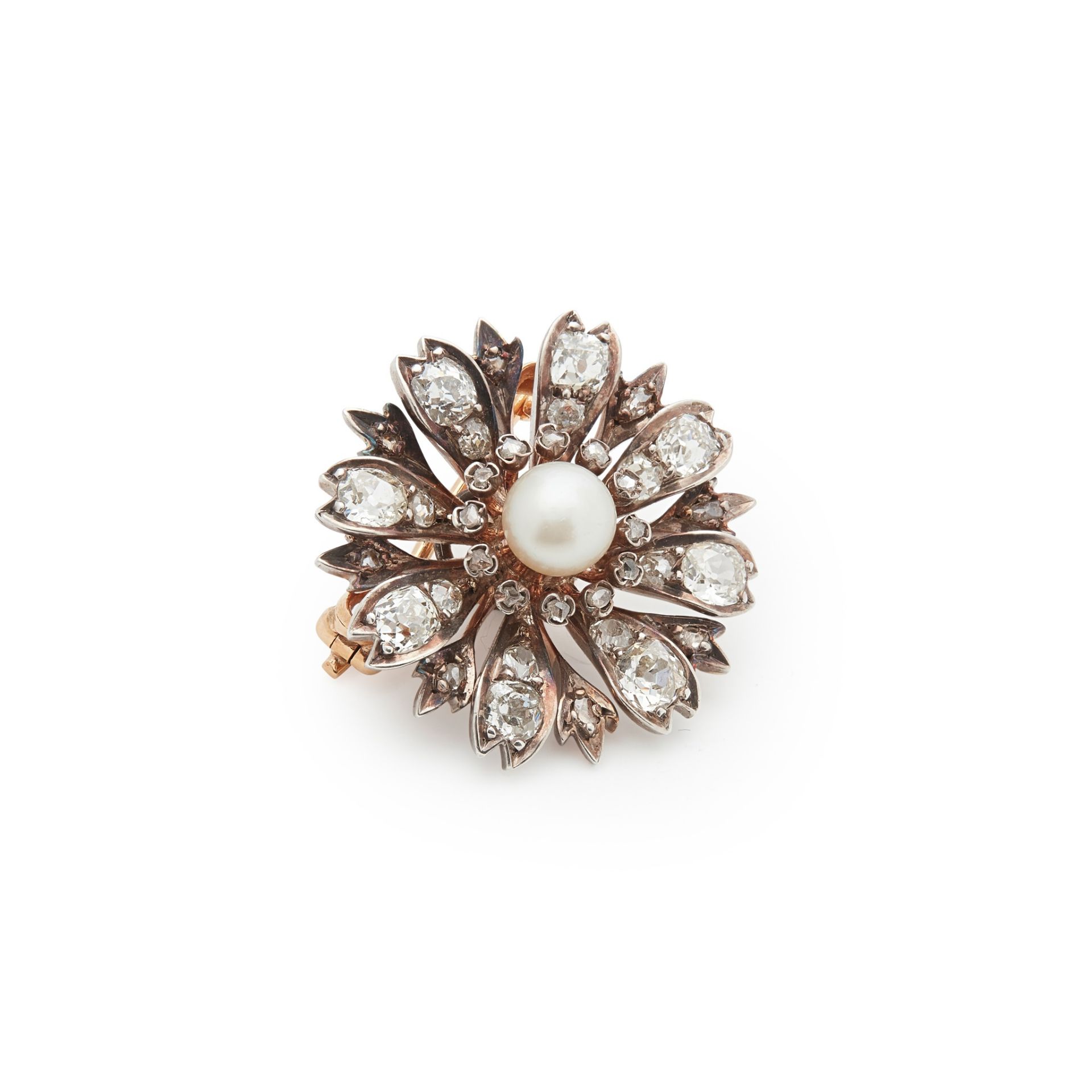 A French late 19th century pearl and diamond brooch Designed as a flower, centrally-set with a 6.