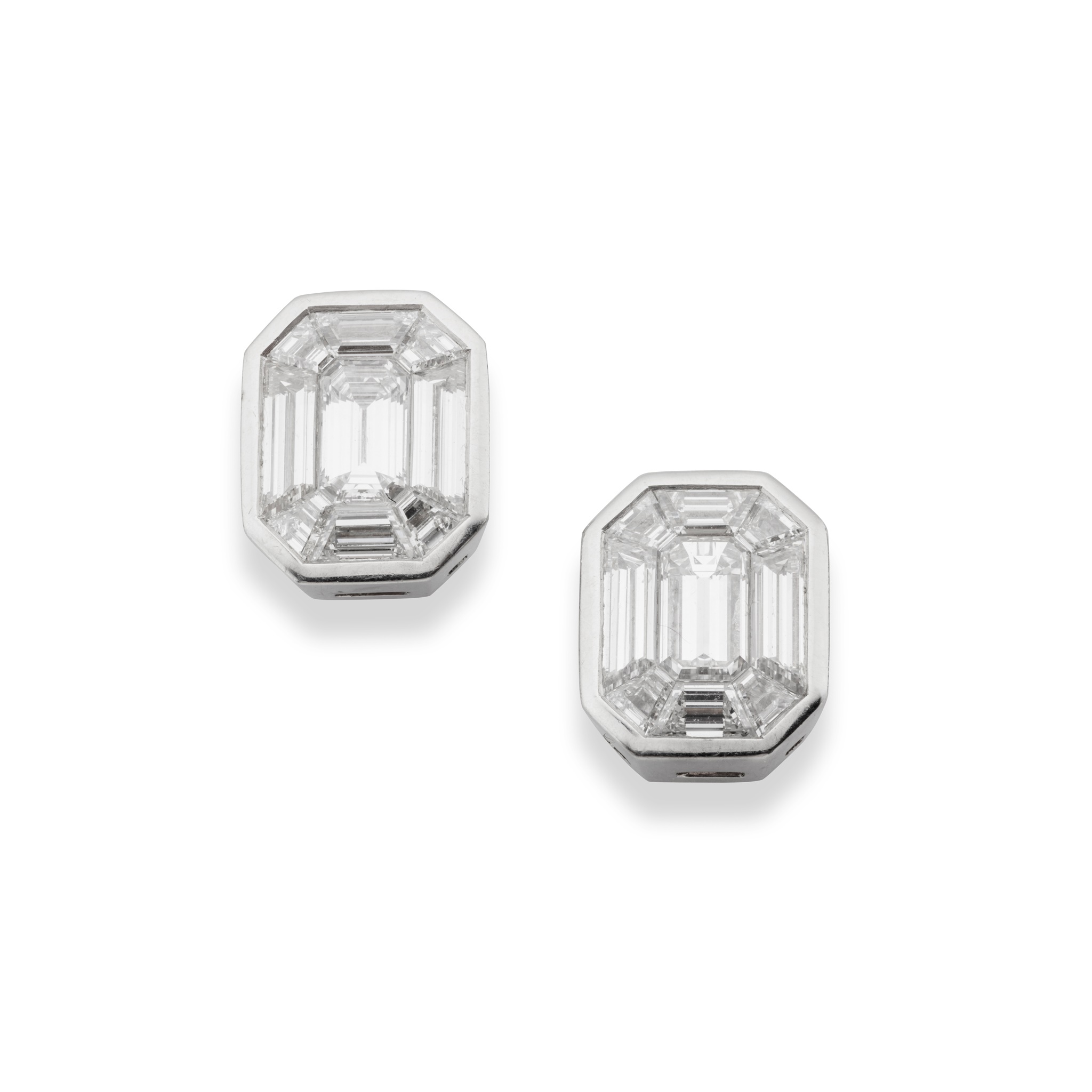 A pair of diamond cluster earrings Each composed of a cluster of invisibly-set vari-shaped