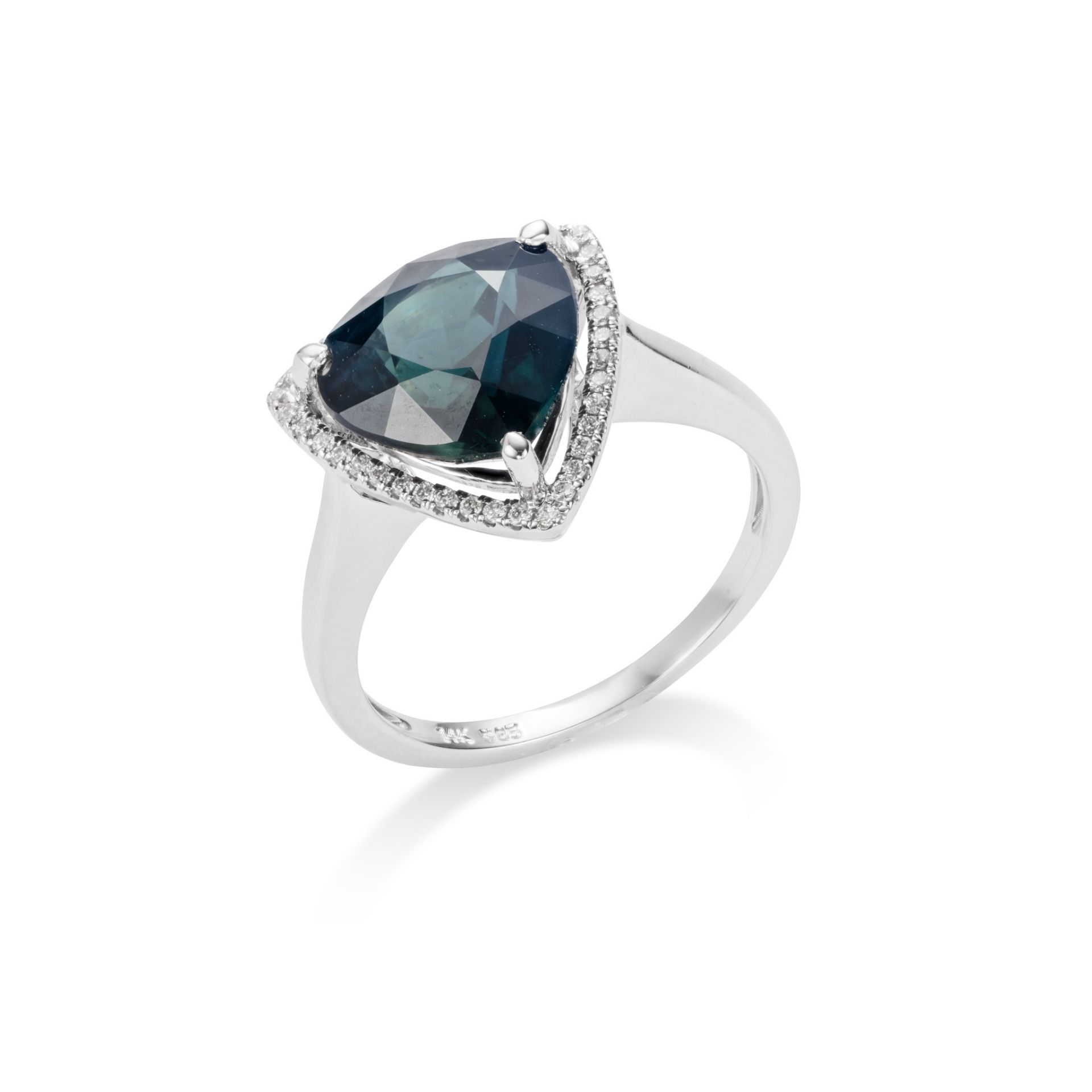 A sapphire and diamond ring The pear-shaped greenish-blue sapphire, weighing 5.11 carats, within a