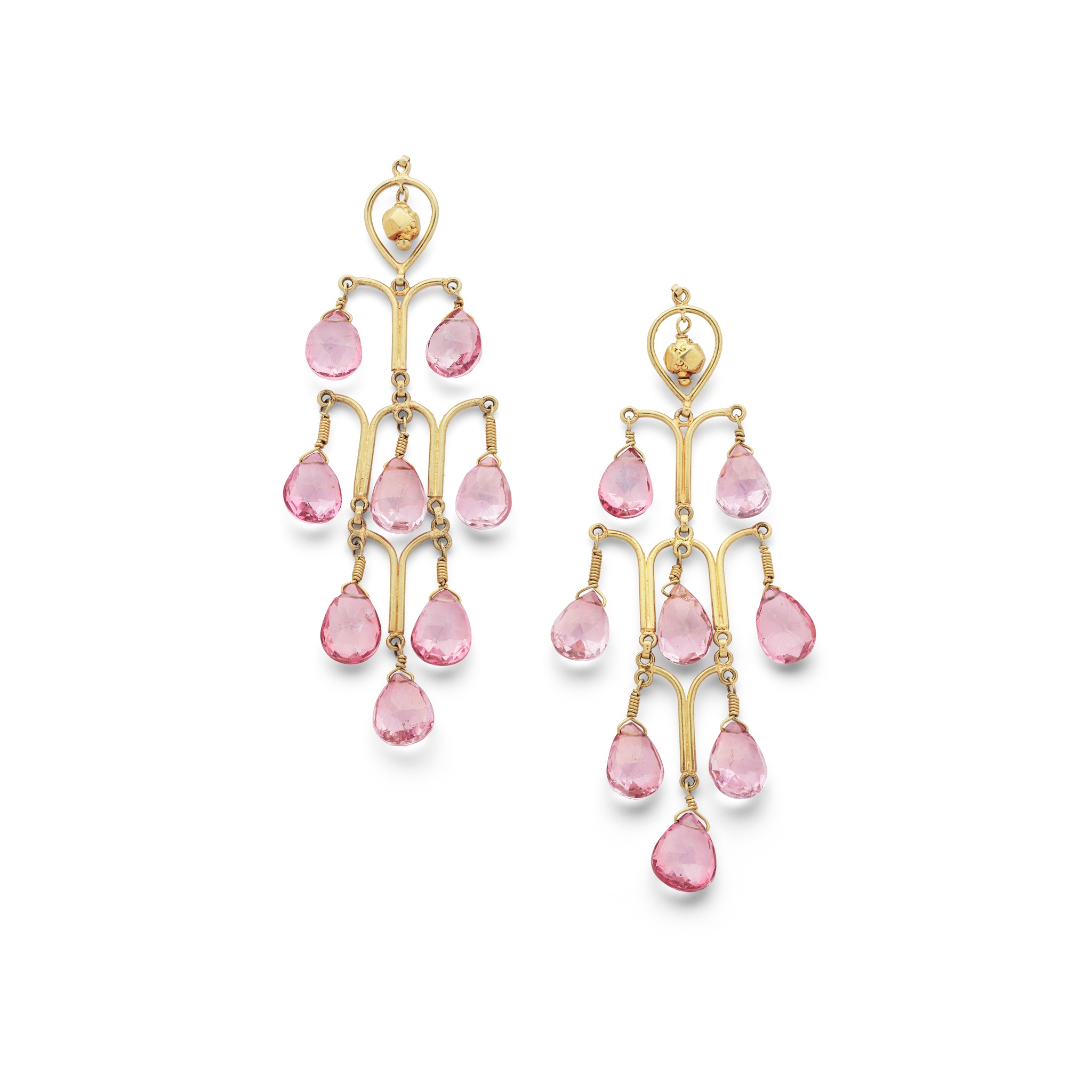 A pair of pink tourmaline pendent earrings Each of chandelier design, the tiered 18ct gold arches