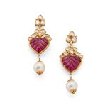 A pair of Indian carved ruby, diamond and cultured pearl earrings Each carved leaf-shaped cabochon