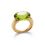A peridot single-stone ring The oval-cut peridot, mounted on an 18ct gold tapered hoop of brushed