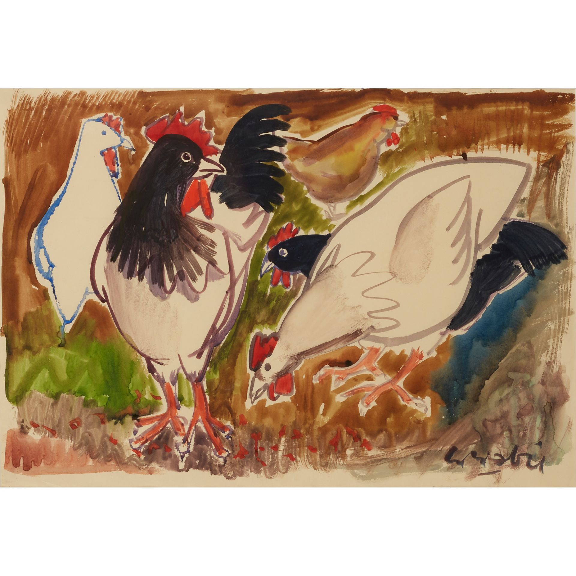 § WILLIAM CROSBIE R.S.A. (SCOTTISH 1915-1999) BLACK AND WHITE HENS