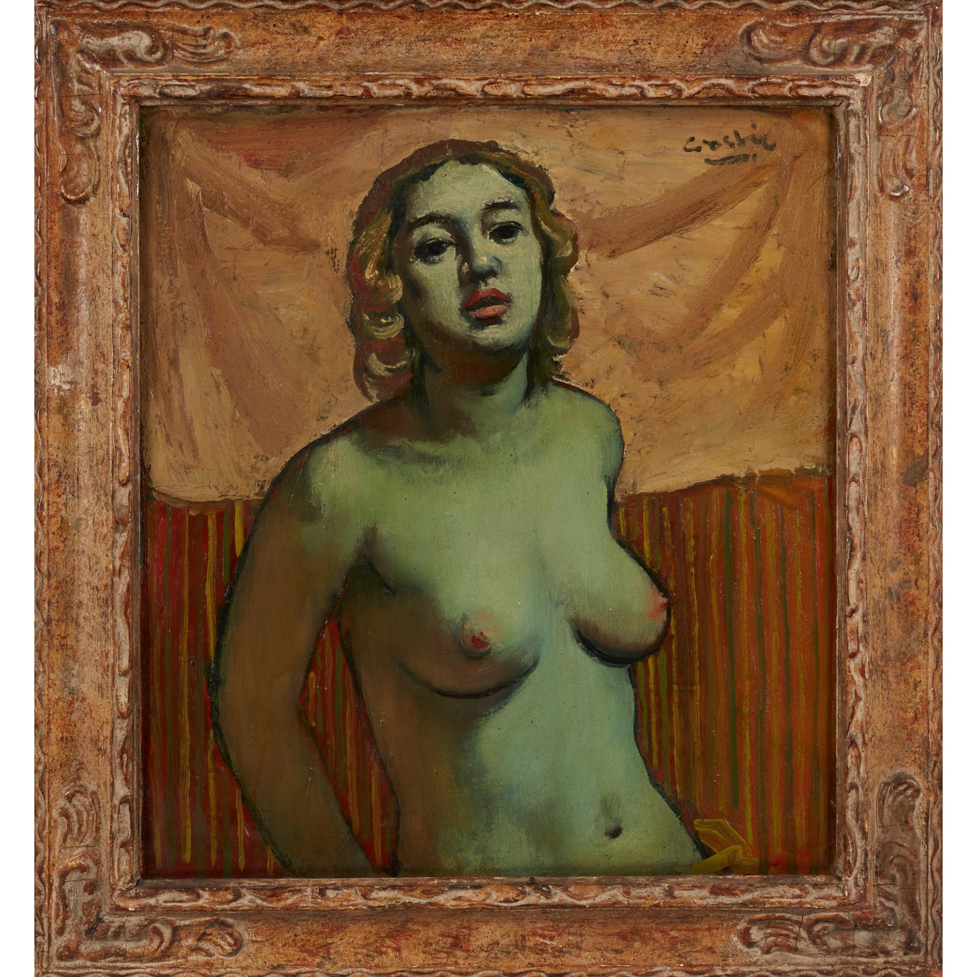 § WILLIAM CROSBIE R.S.A. (SCOTTISH 1915-1999) BLONDE NUDE AGAINST STRIPED GOLD BACKGROUND - Image 2 of 3