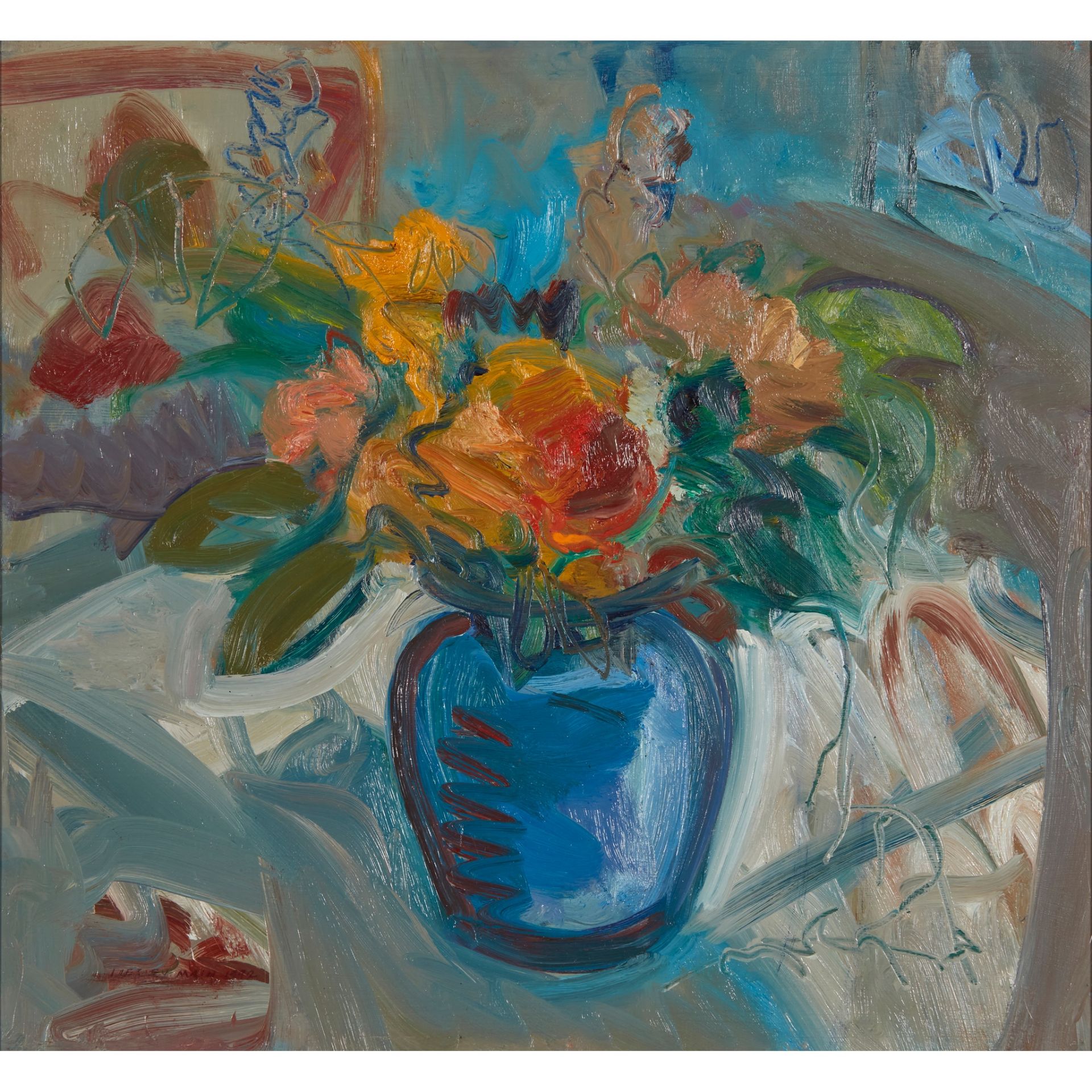 § LESLEY MAIN (SCOTTISH 1959-) FLOWERS (BLUE AND ORANGE)