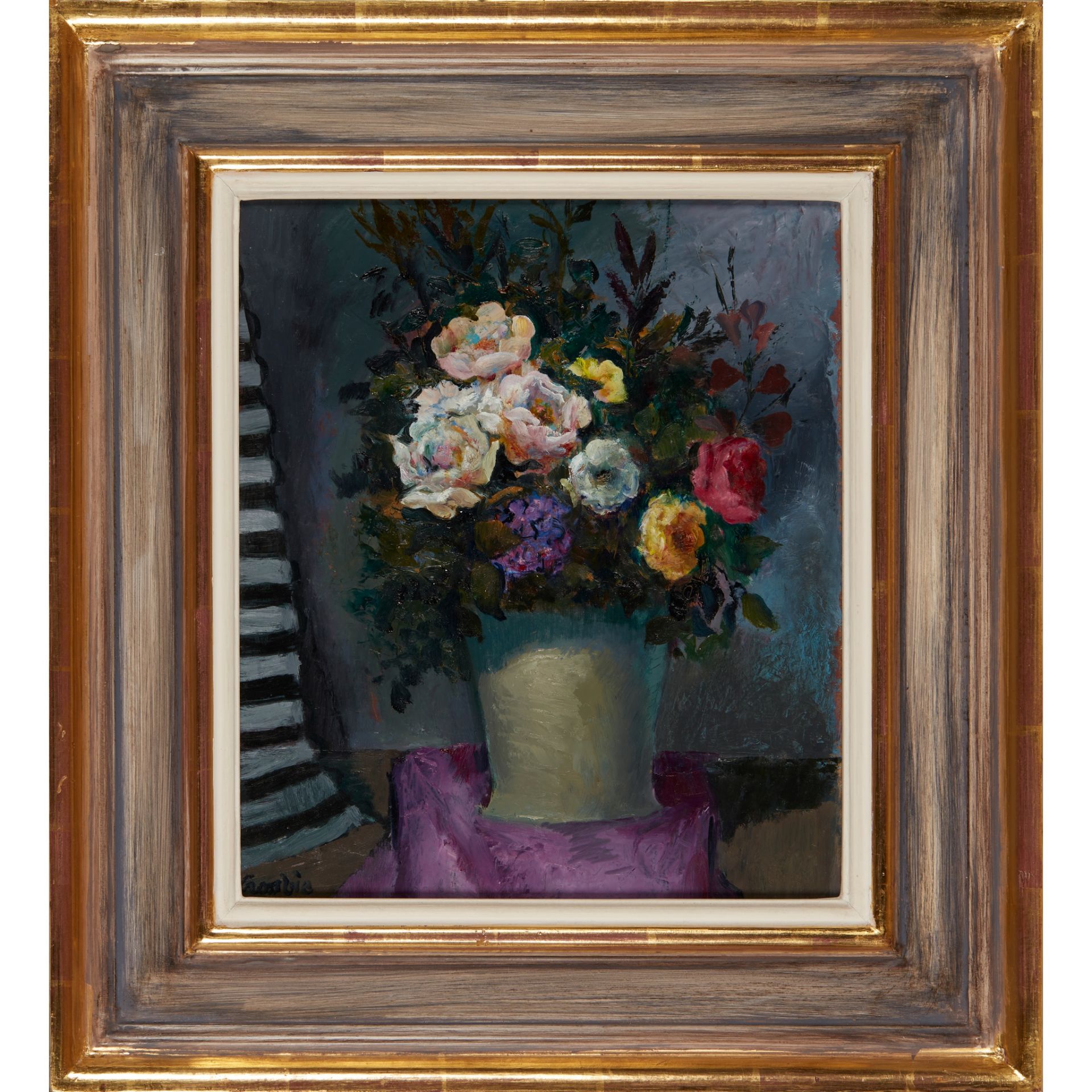 § WILLIAM CROSBIE R.S.A. (SCOTTISH 1915-1999) STILL LIFE WITH ROSES IN A GREY VASE ON PURPLE CLOTH, - Image 2 of 3