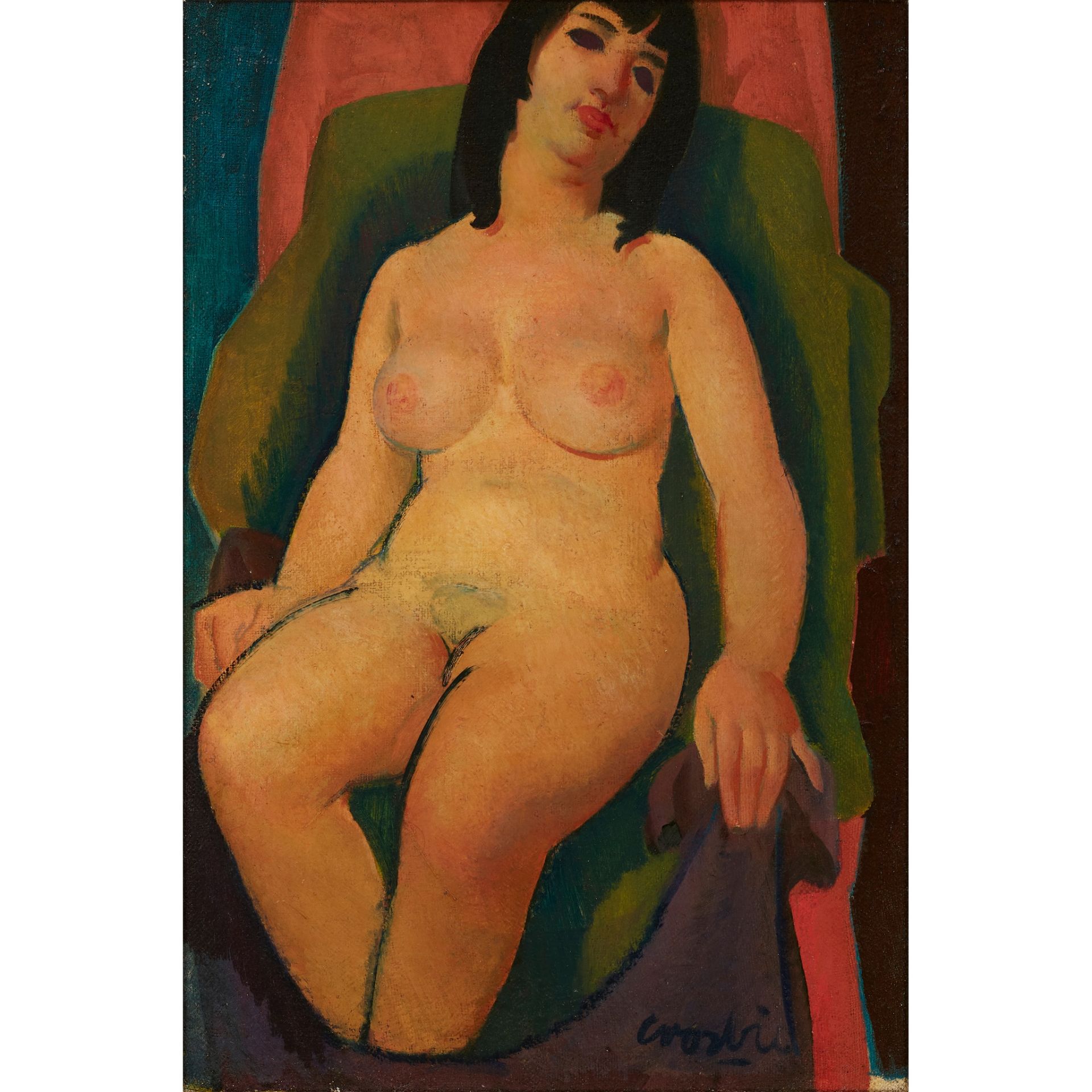 § WILLIAM CROSBIE R.S.A. (SCOTTISH 1915-1999) NUDE ON GREEN CHAIR (MARY), 1950