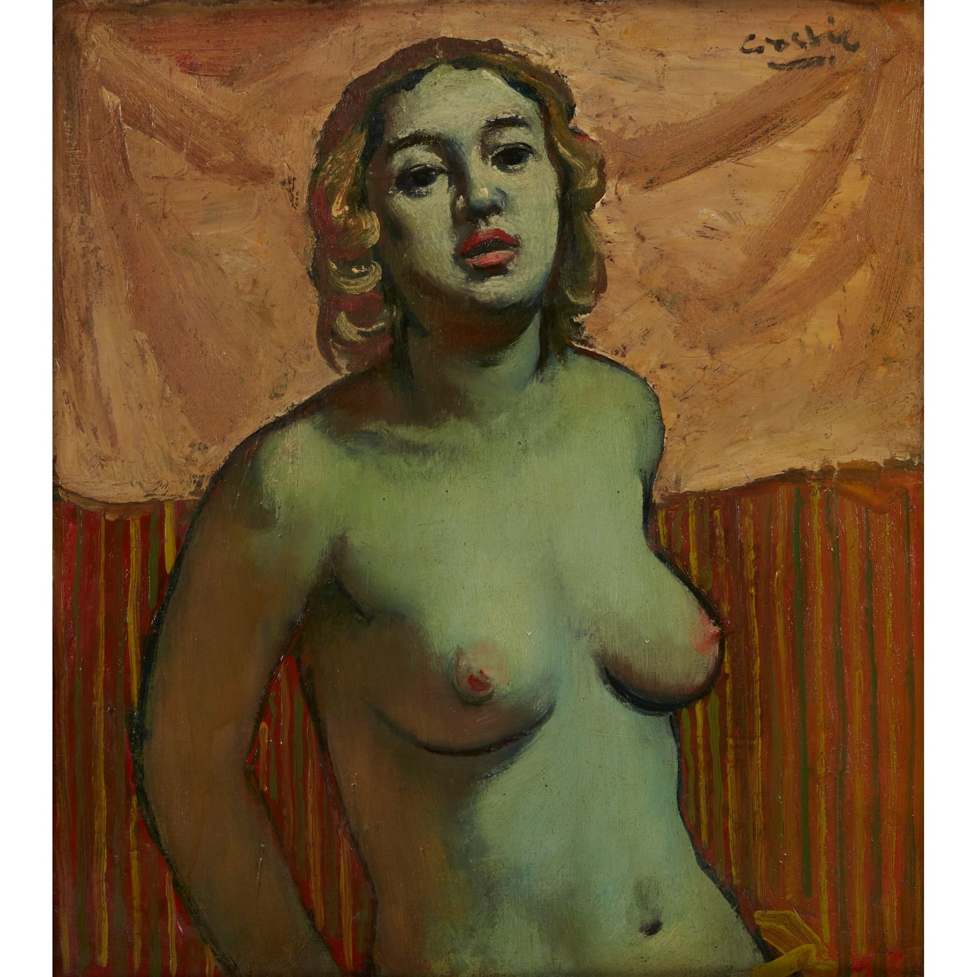 § WILLIAM CROSBIE R.S.A. (SCOTTISH 1915-1999) BLONDE NUDE AGAINST STRIPED GOLD BACKGROUND