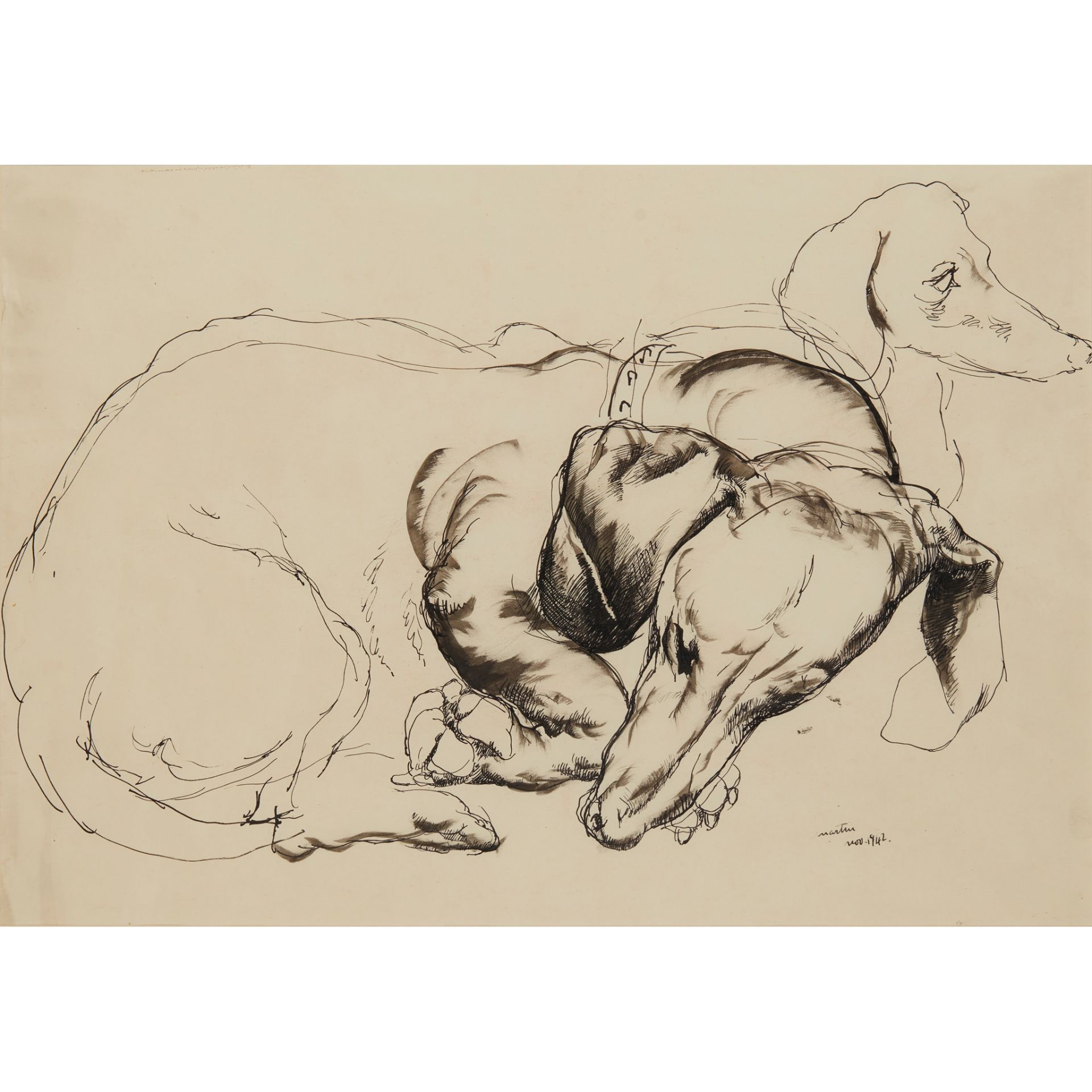 § WILLIAM CROSBIE R.S.A. (SCOTTISH 1915-1999) DACHSHUNDS LYING ('MARTIN')