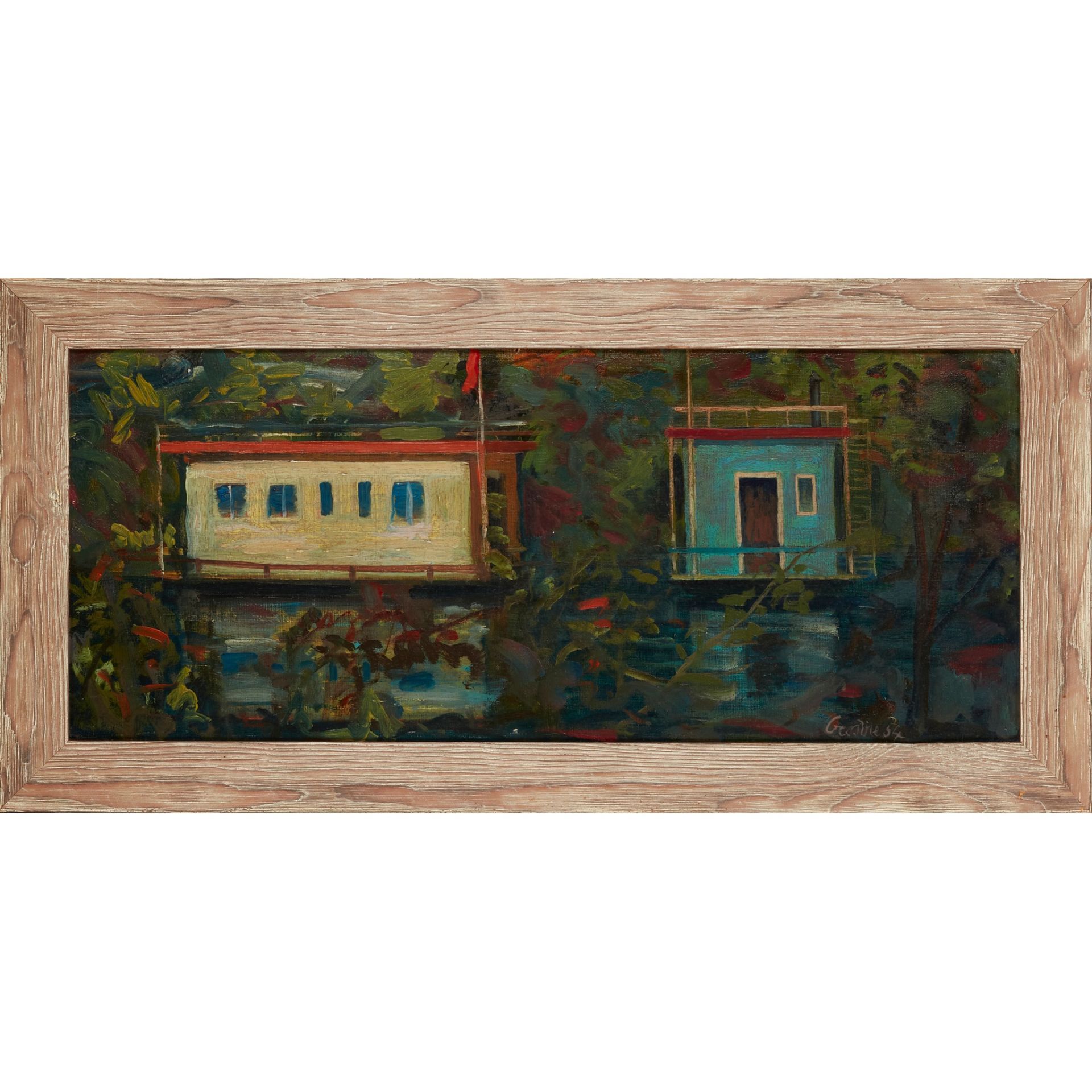 § WILLIAM CROSBIE R.S.A. (SCOTTISH 1915-1999) RIVERBANK CABINS IN WOODLAND - Image 2 of 3