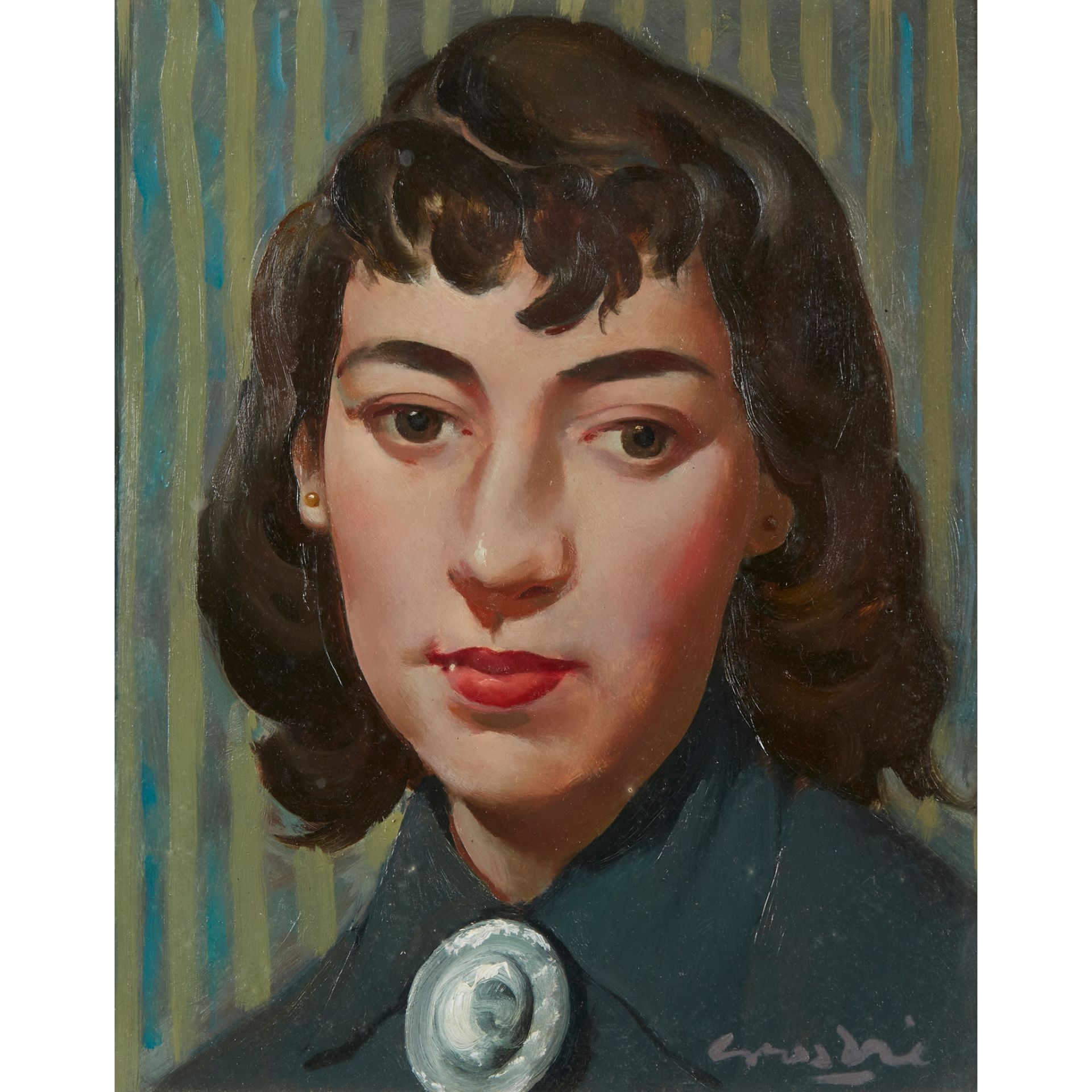 § WILLIAM CROSBIE R.S.A. (SCOTTISH 1915-1999) HEAD OF A WOMAN (WITH BROOCH)