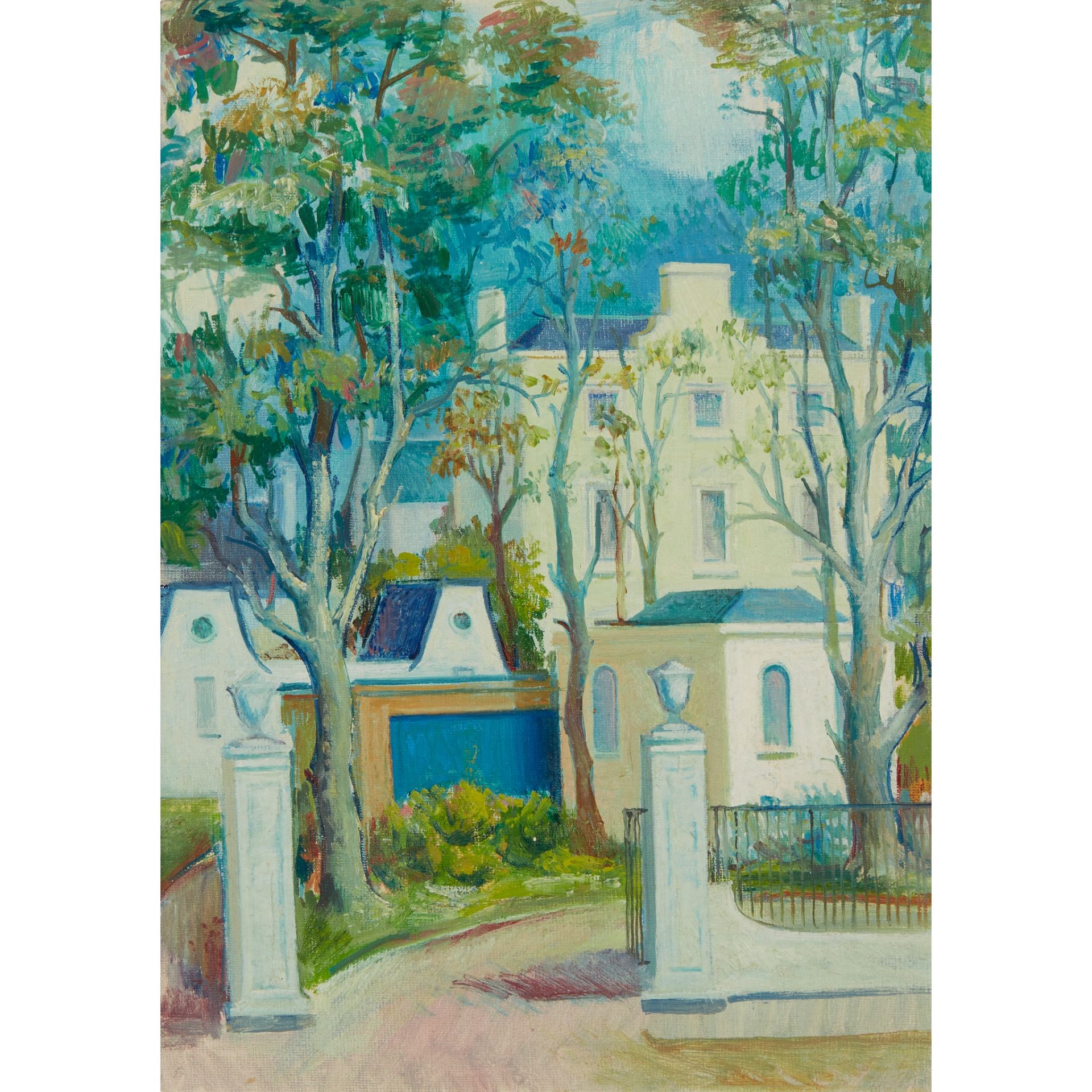 § WILLIAM CROSBIE R.S.A. (SCOTTISH 1915-1999) WHITE GATE WITH HOUSE, c.1970