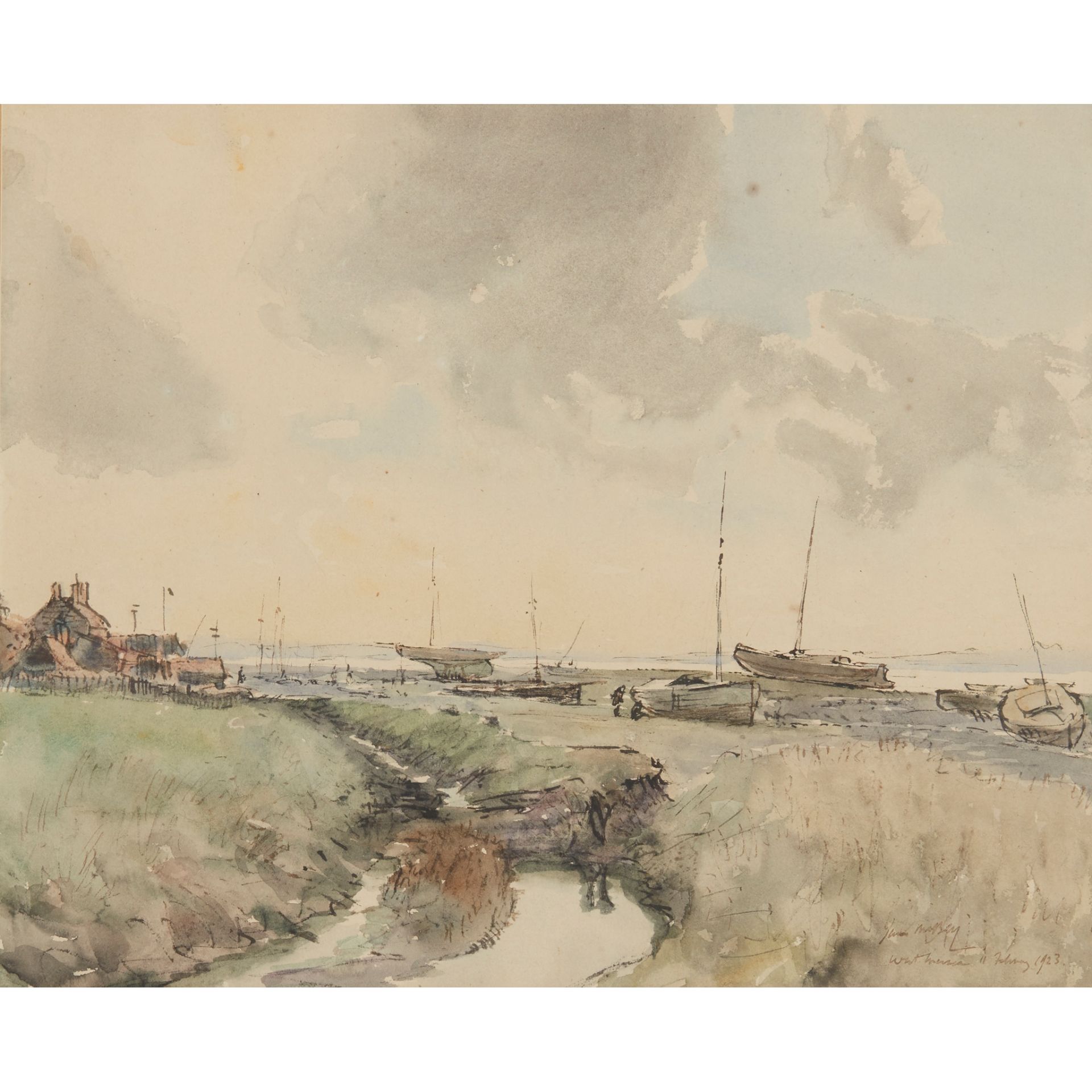 § JAMES MCBEY (SCOTTISH 1883-1959) BEACHED BOATS, WEST MERSEA