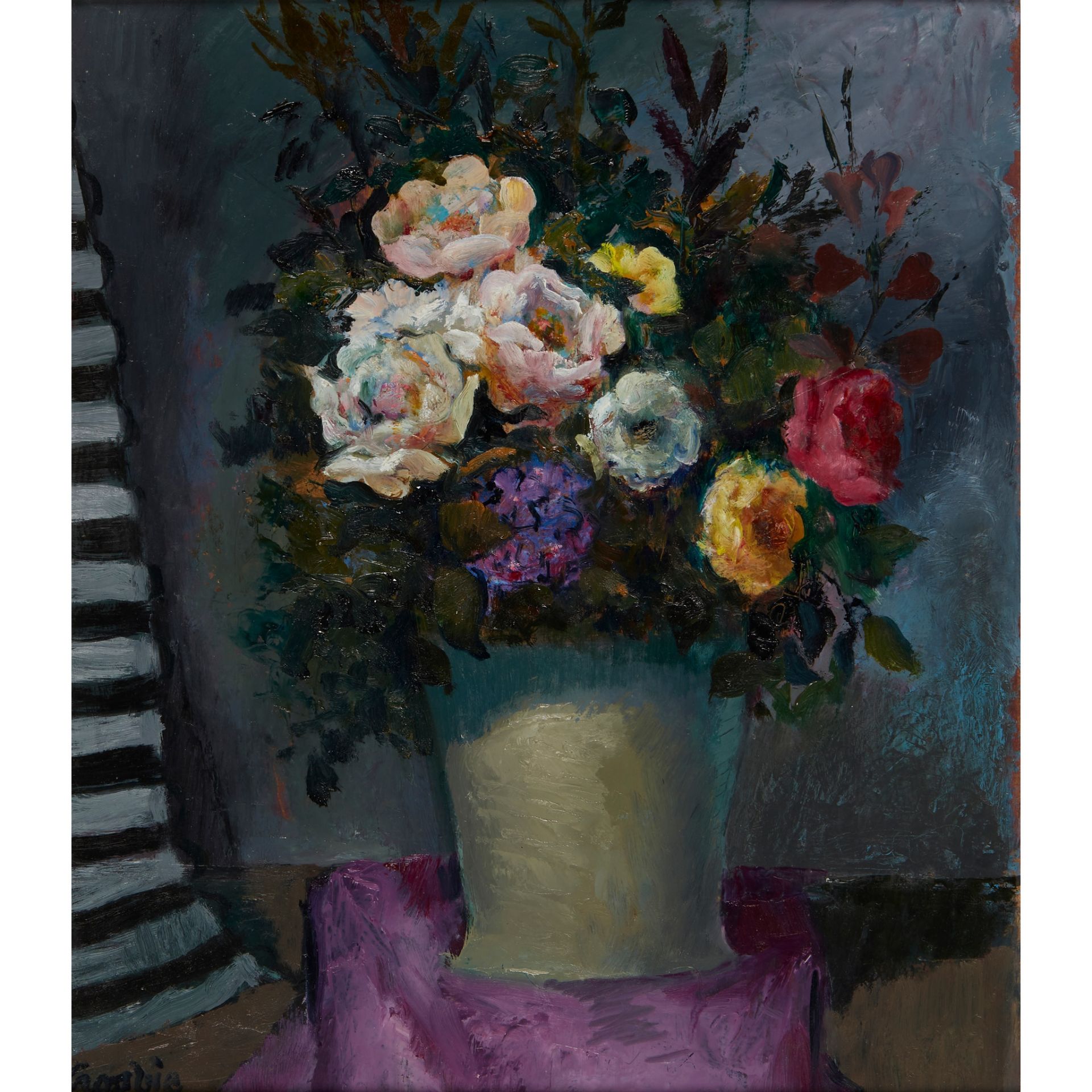 § WILLIAM CROSBIE R.S.A. (SCOTTISH 1915-1999) STILL LIFE WITH ROSES IN A GREY VASE ON PURPLE CLOTH,