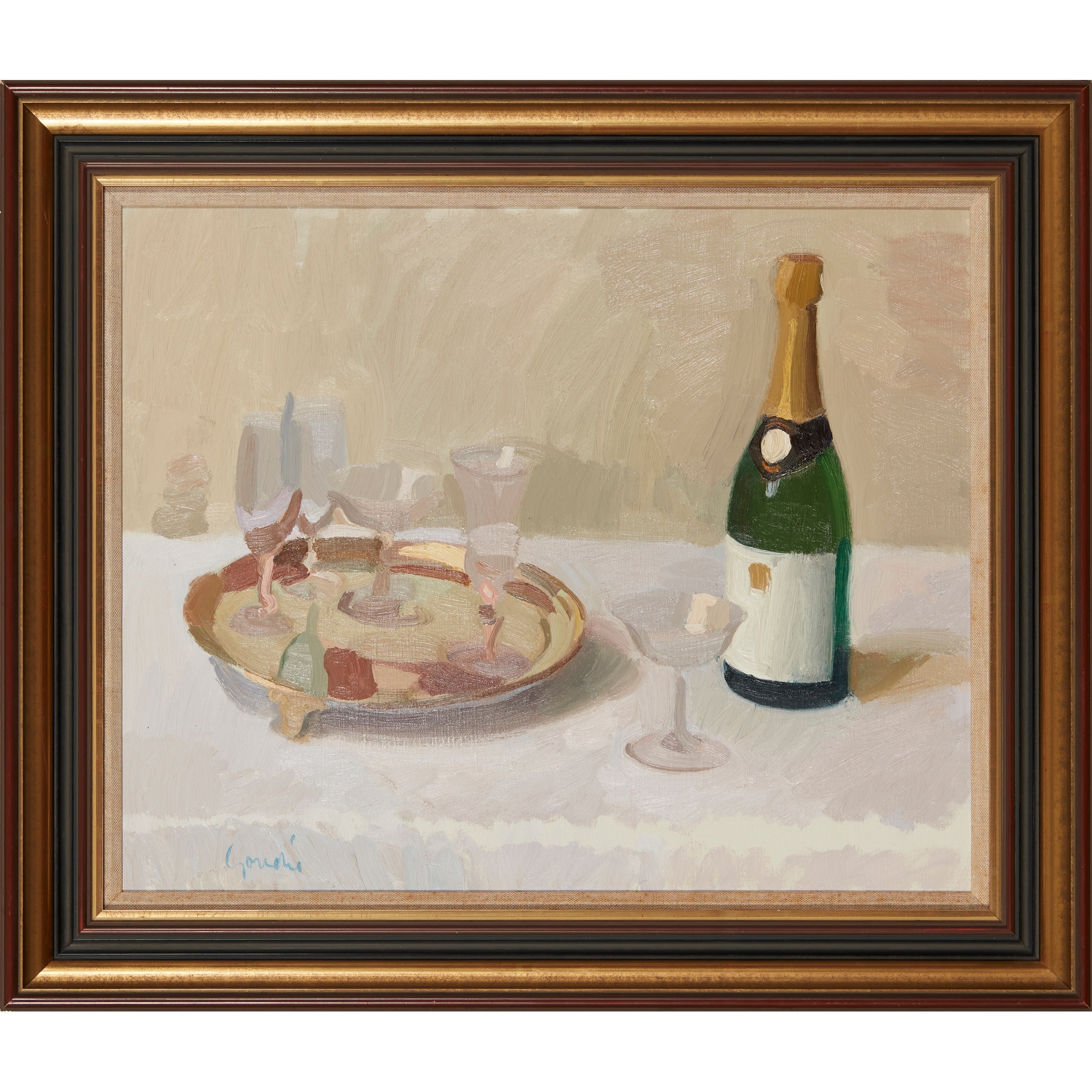 § ALEXANDER GOUDIE (SCOTTISH 1933-2004) STILL LIFE WITH CHAMPAGNE BOTTLE AND GLASSES - Image 2 of 3