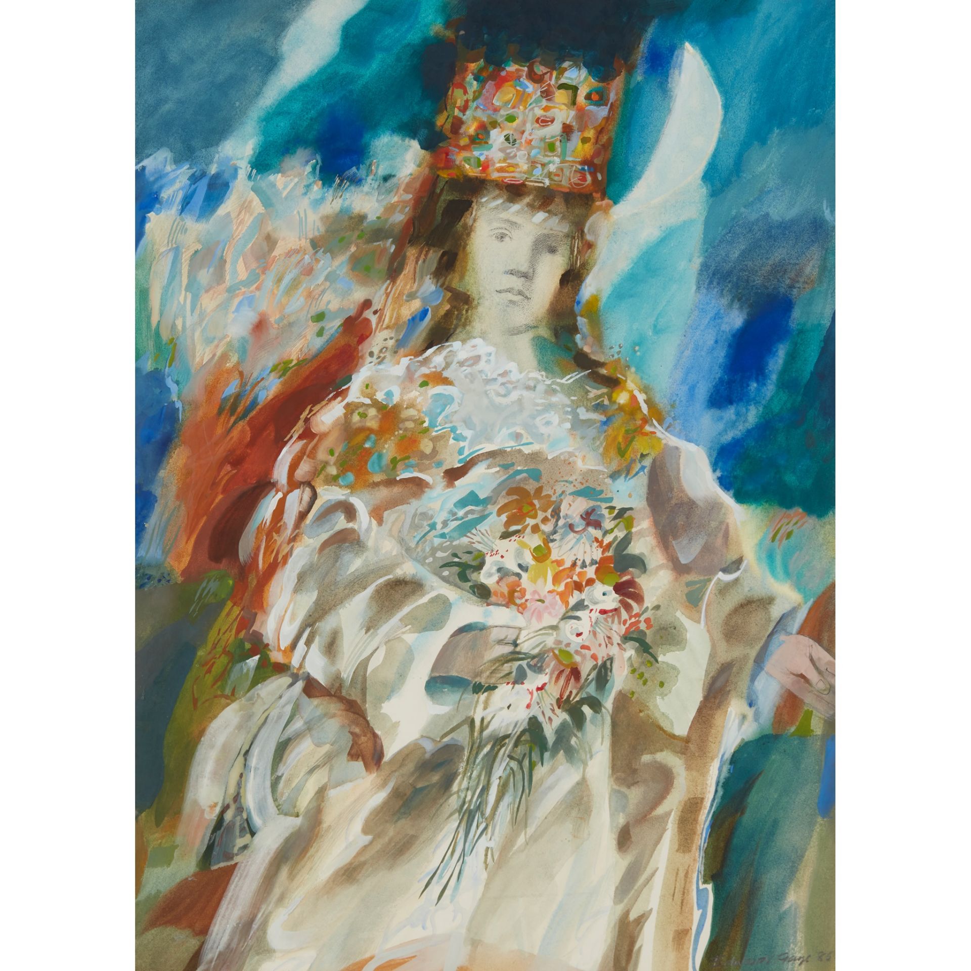 § EDWARD GAGE R.S.W. (SCOTTISH 1925-2000) MASQUE, GUINEVERE AS FLORA, 1986