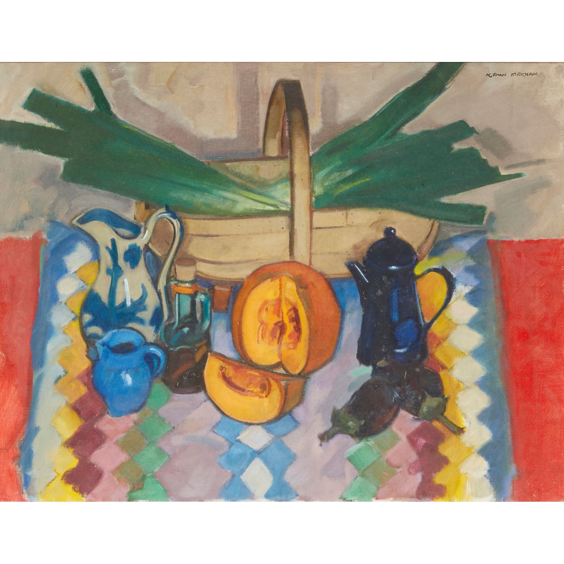 § NORMAN KIRKHAM R.G.I. (SCOTTISH 1936-2021) STILL LIFE WITH PUMPKIN & LEEKS