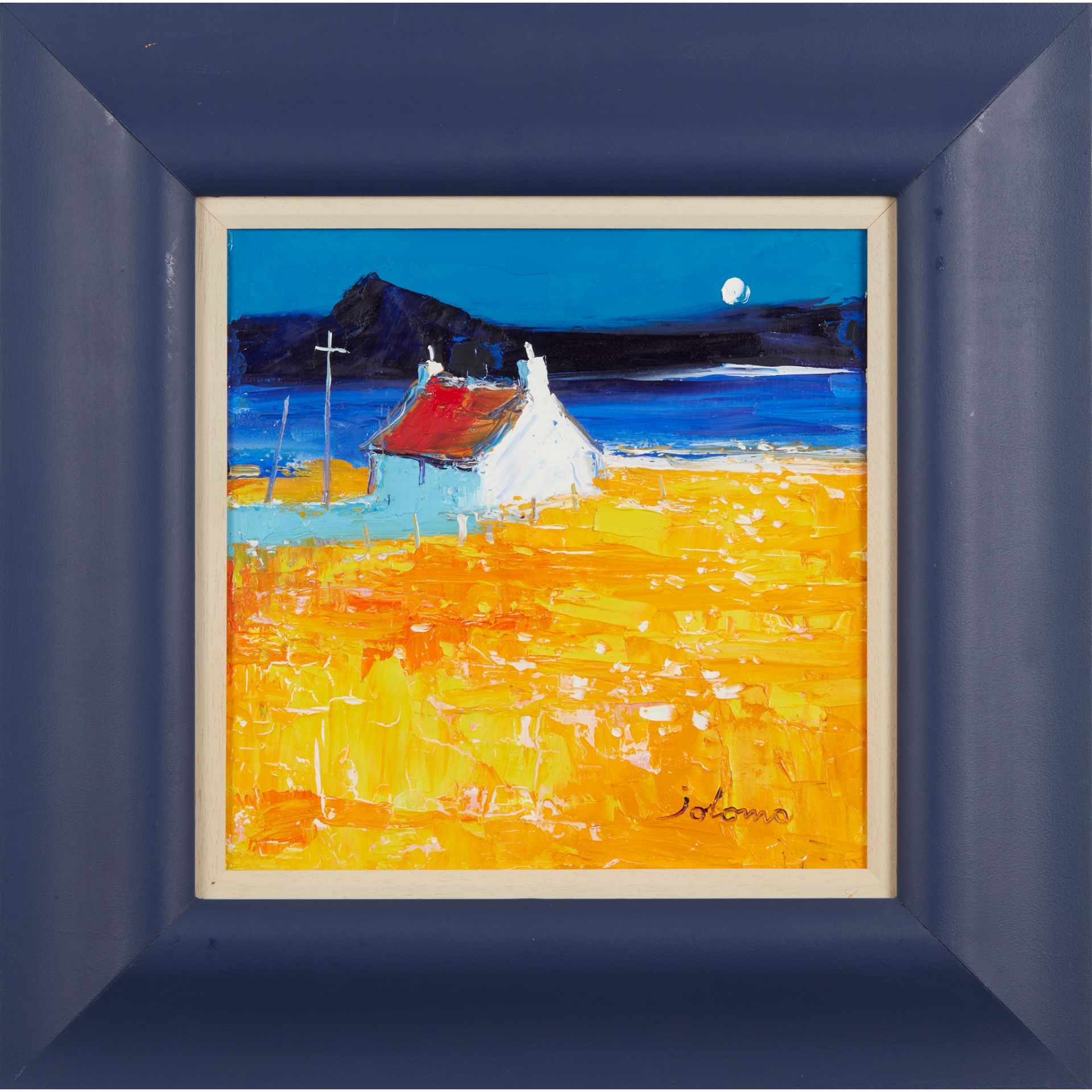 § JOHN LOWRIE MORRISON (JOLOMO) O.B.E. (SCOTTISH 1948-) A WEST COAST CROFT AT MOON-RISE - Image 2 of 3