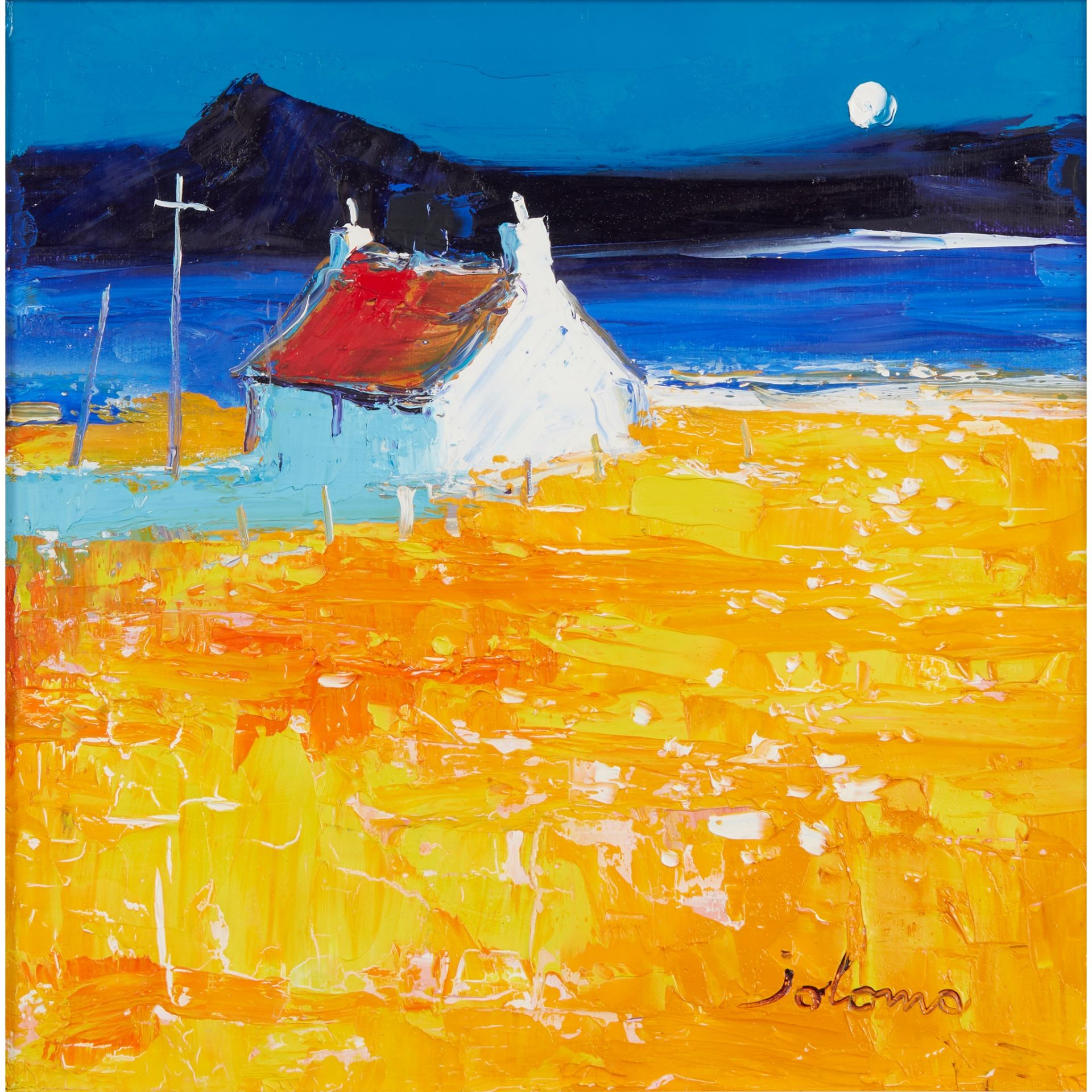 § JOHN LOWRIE MORRISON (JOLOMO) O.B.E. (SCOTTISH 1948-) A WEST COAST CROFT AT MOON-RISE