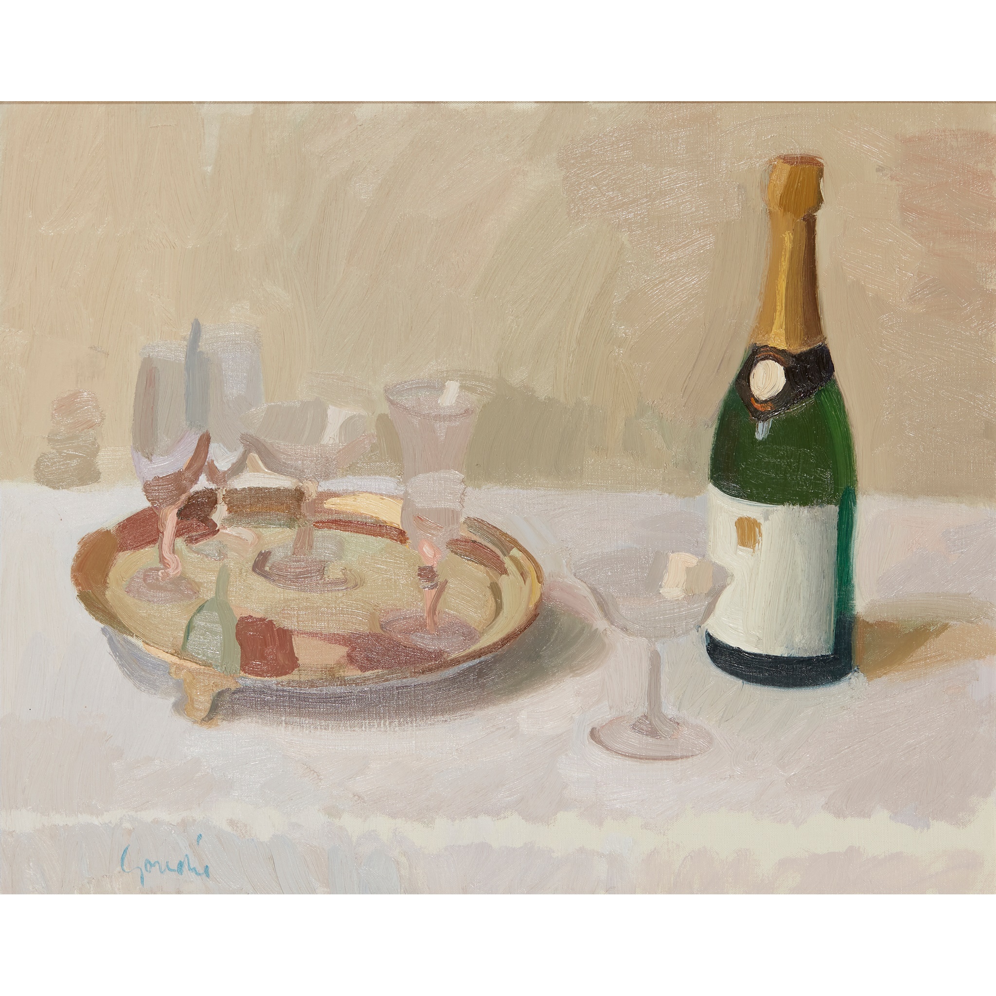 § ALEXANDER GOUDIE (SCOTTISH 1933-2004) STILL LIFE WITH CHAMPAGNE BOTTLE AND GLASSES