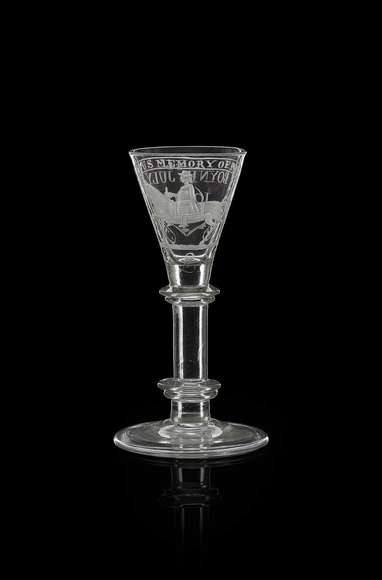 AN IRISH WILLIAMITE / ANTI JACOBITE WINE GLASS 18TH CENTURY GLASS, LATER ENGRAVED