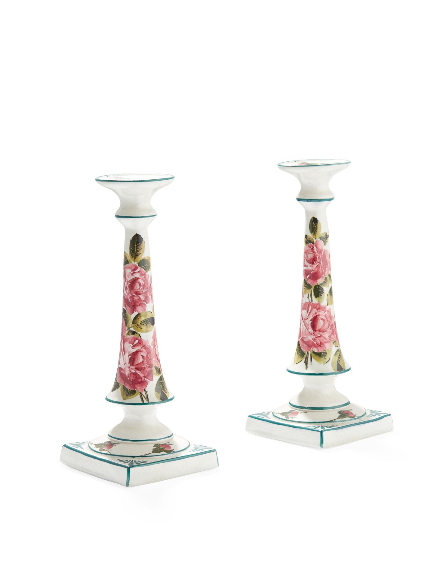 A PAIR OF WEMYSS WARE TALL CANDLESTICKS 'CABBAGE ROSES' PATTERN, EARLY 20TH CENTURY