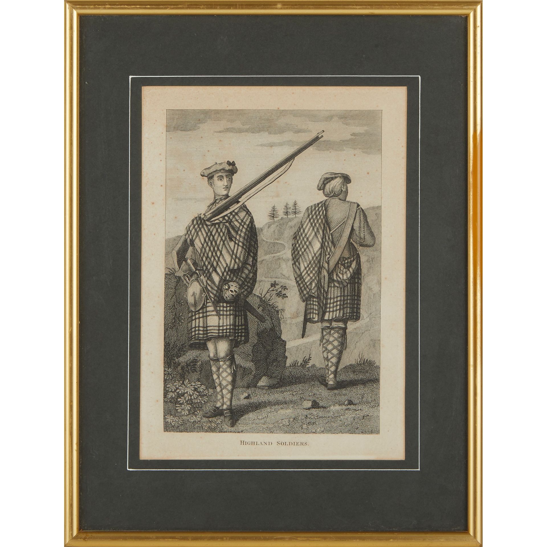 TWO FRAMED 18TH CENTURY ENGRAVINGS OF HIGHLAND SOLDIERS