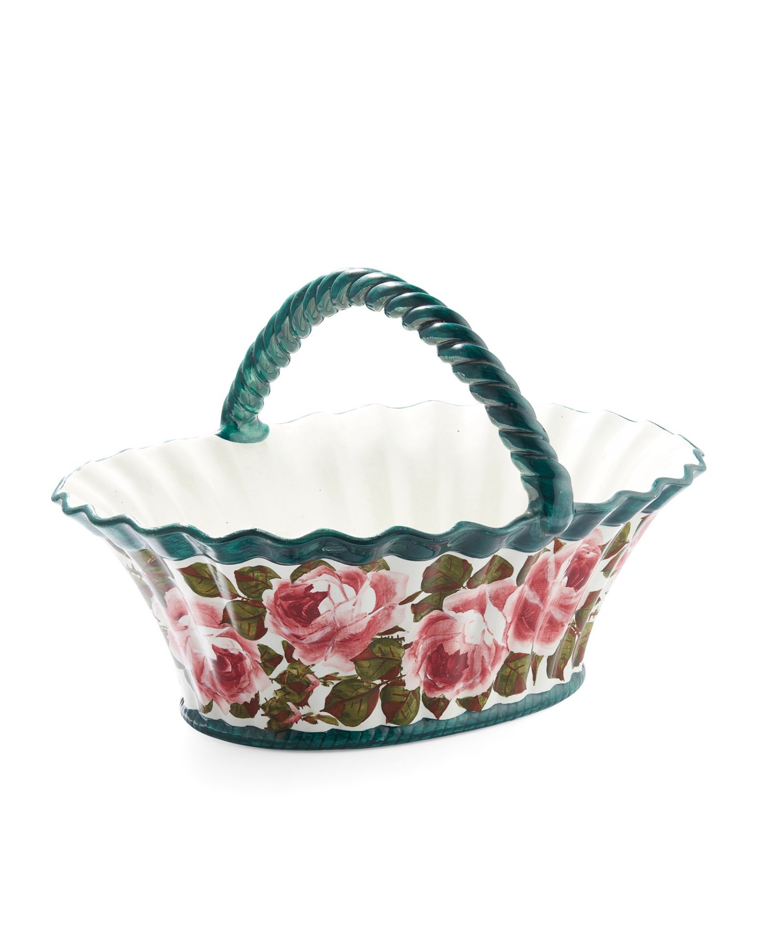 A LARGE WEMYSS WARE BASKET 'CABBAGE ROSES' PATTERN, CIRCA 1900